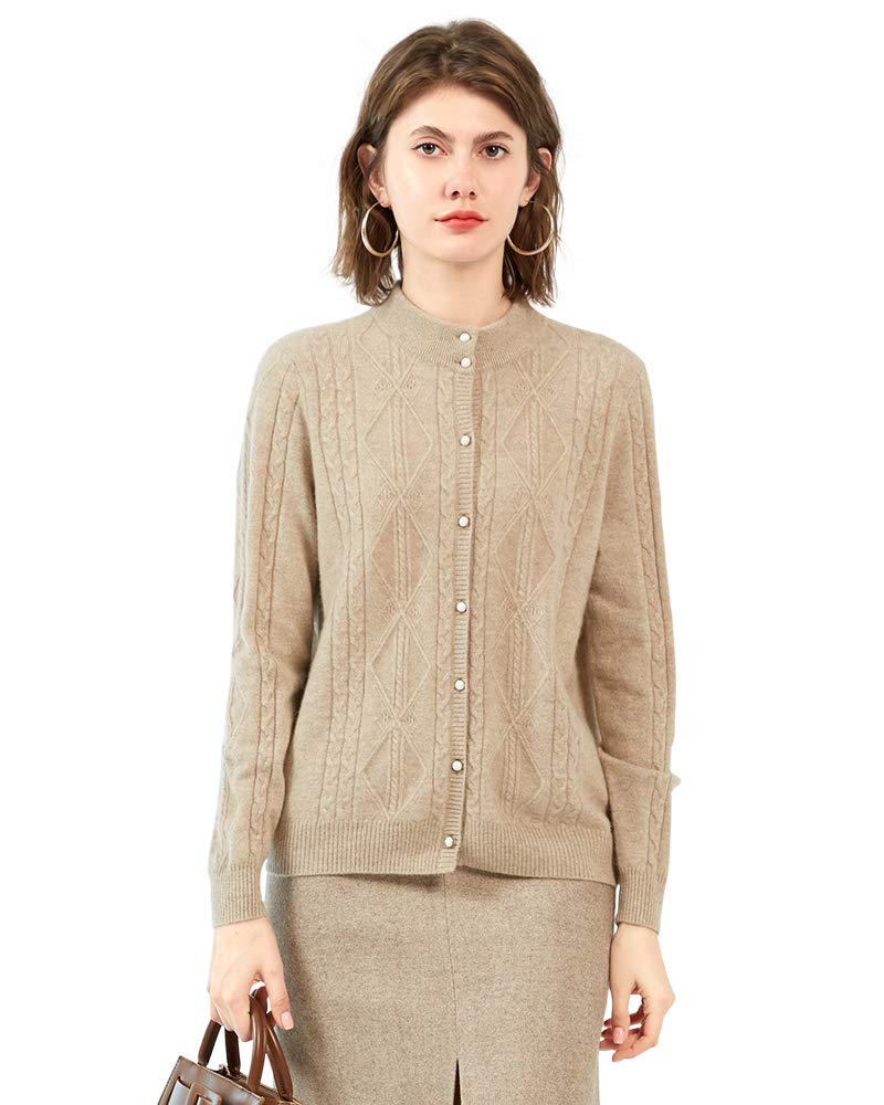 Zhili Women's 100% Cashmere Mock Neck Button Down Cardigan Sweater - Soft Winter Knitwear for Office, Date Night & Casual Outfits