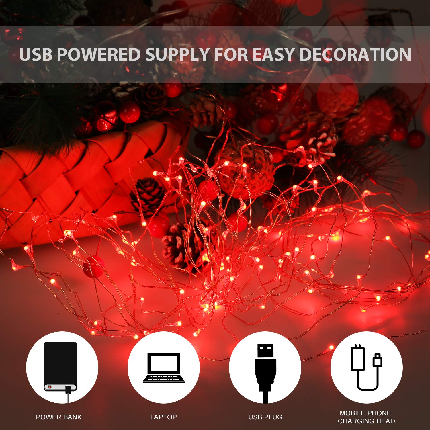 50 LED 16ft USB Fairy Lights - Copper Wire String Lights for Bedroom, Christmas, Wedding & Party Decorations | Firefly Effect | USB Powered (Red, 1 Pack) | Perfect for Home Ambiance, Holiday Lighting & Special Events