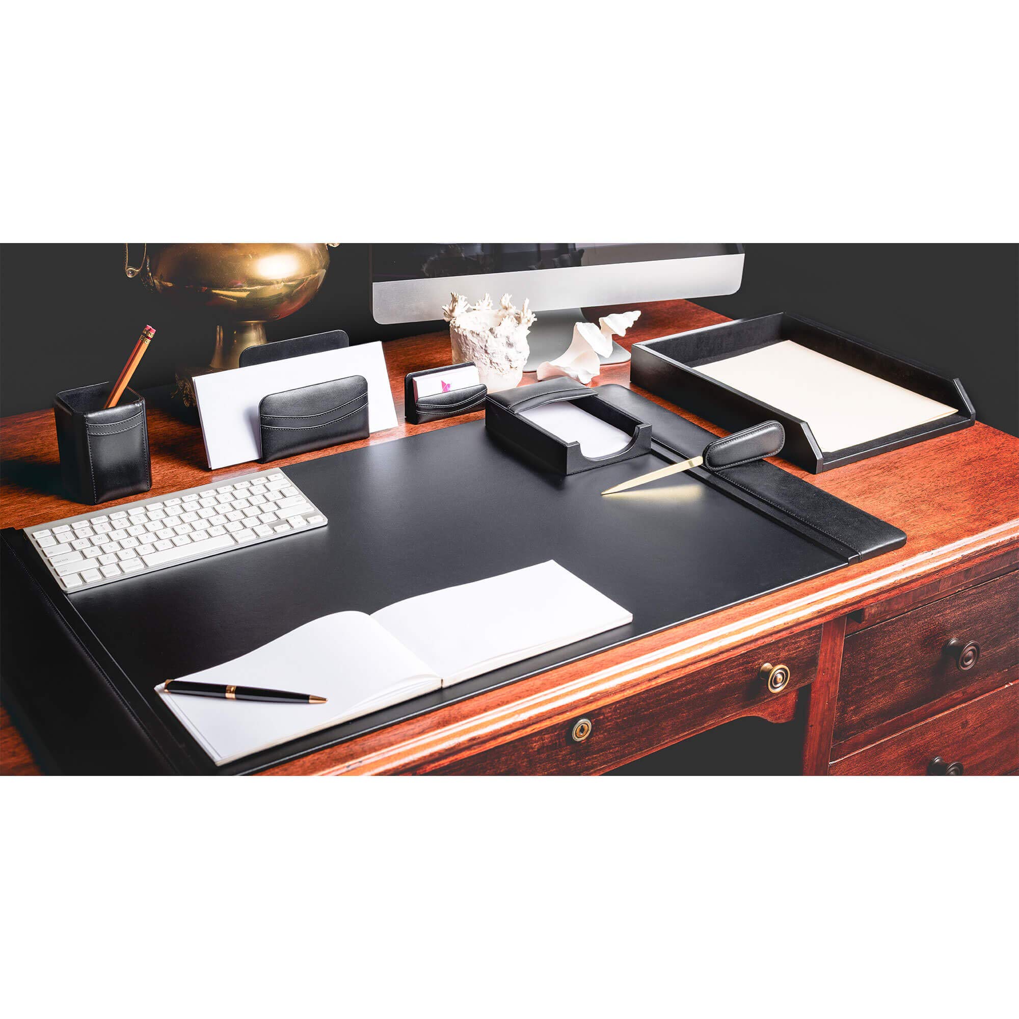 Premium Dacasso 7-Piece Black Leather Desk Set (D1004) - Perfect for Office, Home & Executive Gifts - Includes Pen Holder, Letter Tray & More