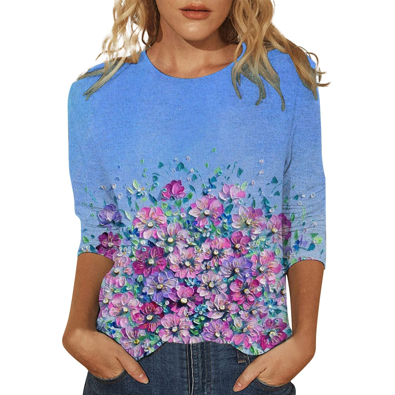 Elegant Floral Print 3/4 Sleeve Women's Tops - Casual Summer & Fall Blouses for Going Out, Date Night, and Office Wear | Comfortable & Stylish Women's T-Shirts