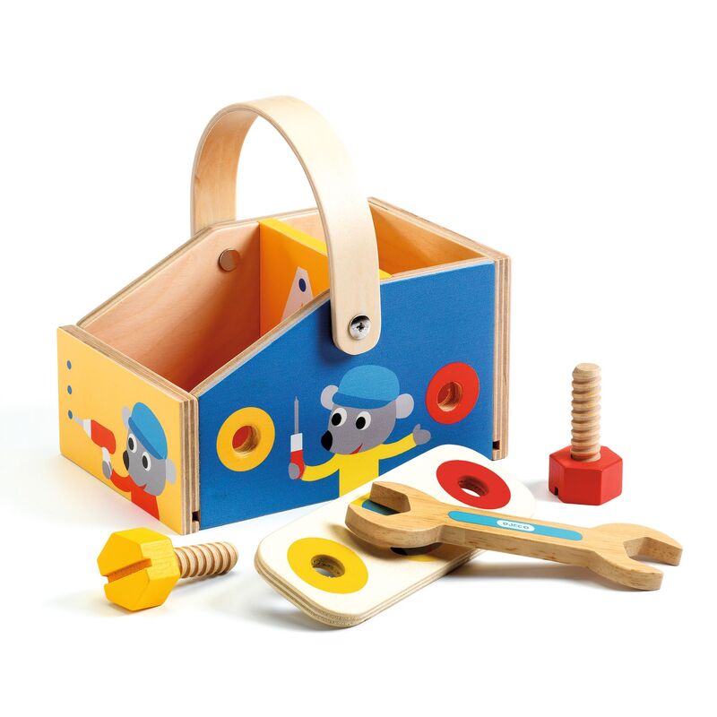 Djeco Wooden Minibrico Toolbox Set - Kids Pretend Play Tool Kit for DIY & Construction Role Play - Perfect for Preschool Learning & Birthday Gifts