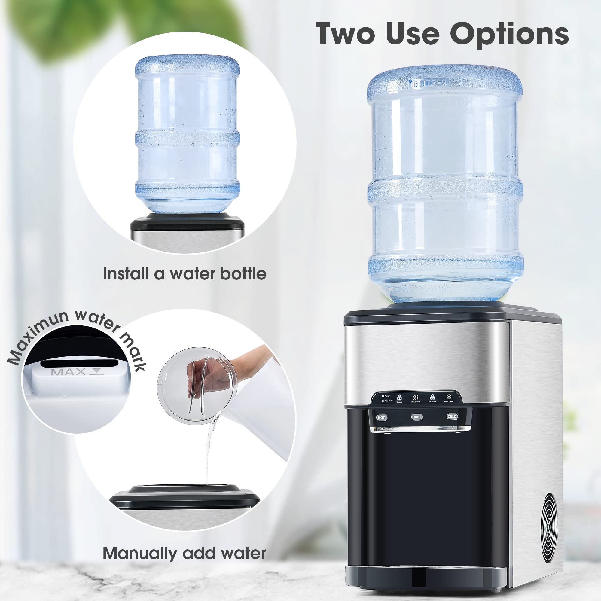 Automatic Countertop Ice Maker with Water Dispenser - 6-Minute Quick Ice Making, Hot & Cold Water Options, Top Loading & Bottleless Design - Perfect for Home, Office, and RV Use