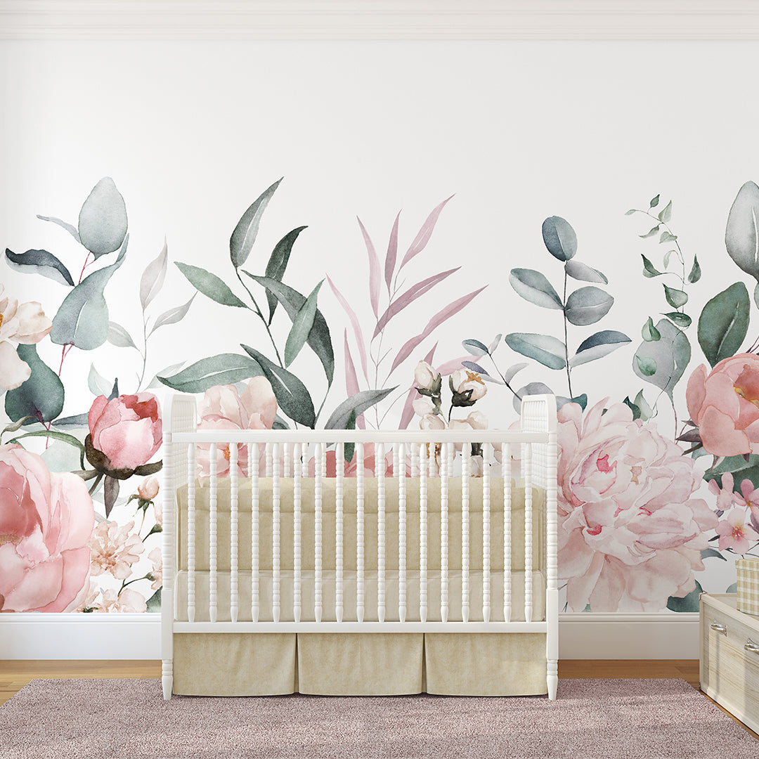 Pastel Pink and Green Floral Wall Mural SM024 - Elegant Botanical Peel and Stick Wallpaper for Bedroom, Nursery, or Living Room Decor