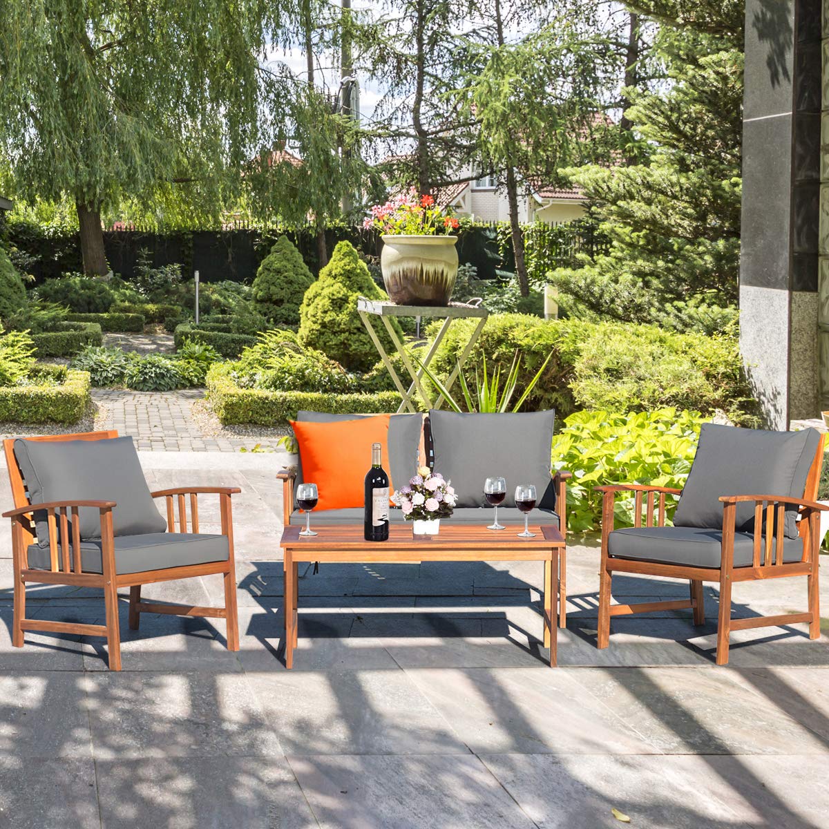 Tangkula 4-Piece Acacia Wood Outdoor Patio Furniture Set with Gray Cushions & Back Pillows - Durable Garden Conversation Set with Coffee Table for Backyard, Poolside, Deck & Patio Relaxation
