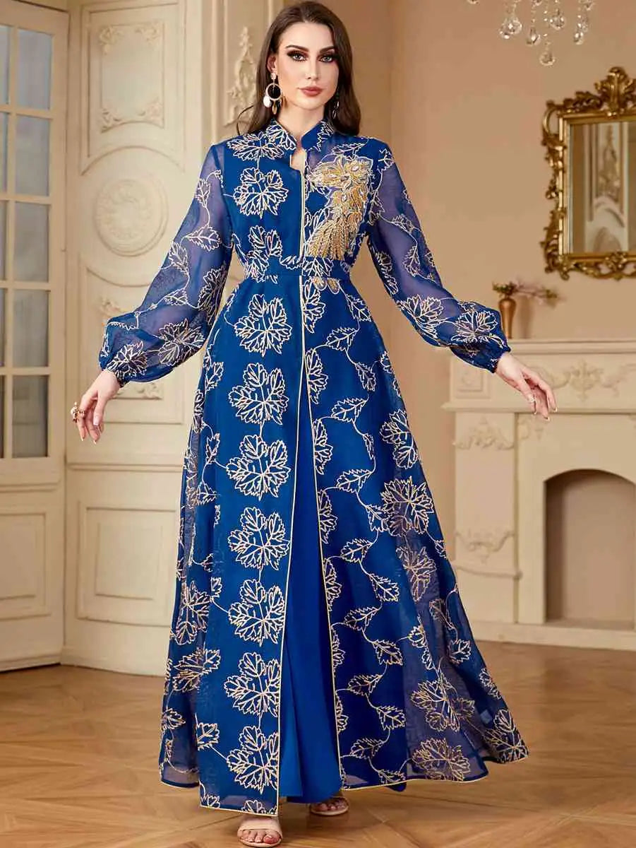 2 Piece Eid Embroidery Dress Set - Flowy Caftan Kaftan with Matching Sleeveless Inner Dress | Elegant Muslim Women's Outfit for Eid Celebrations, Parties & Special Occasions