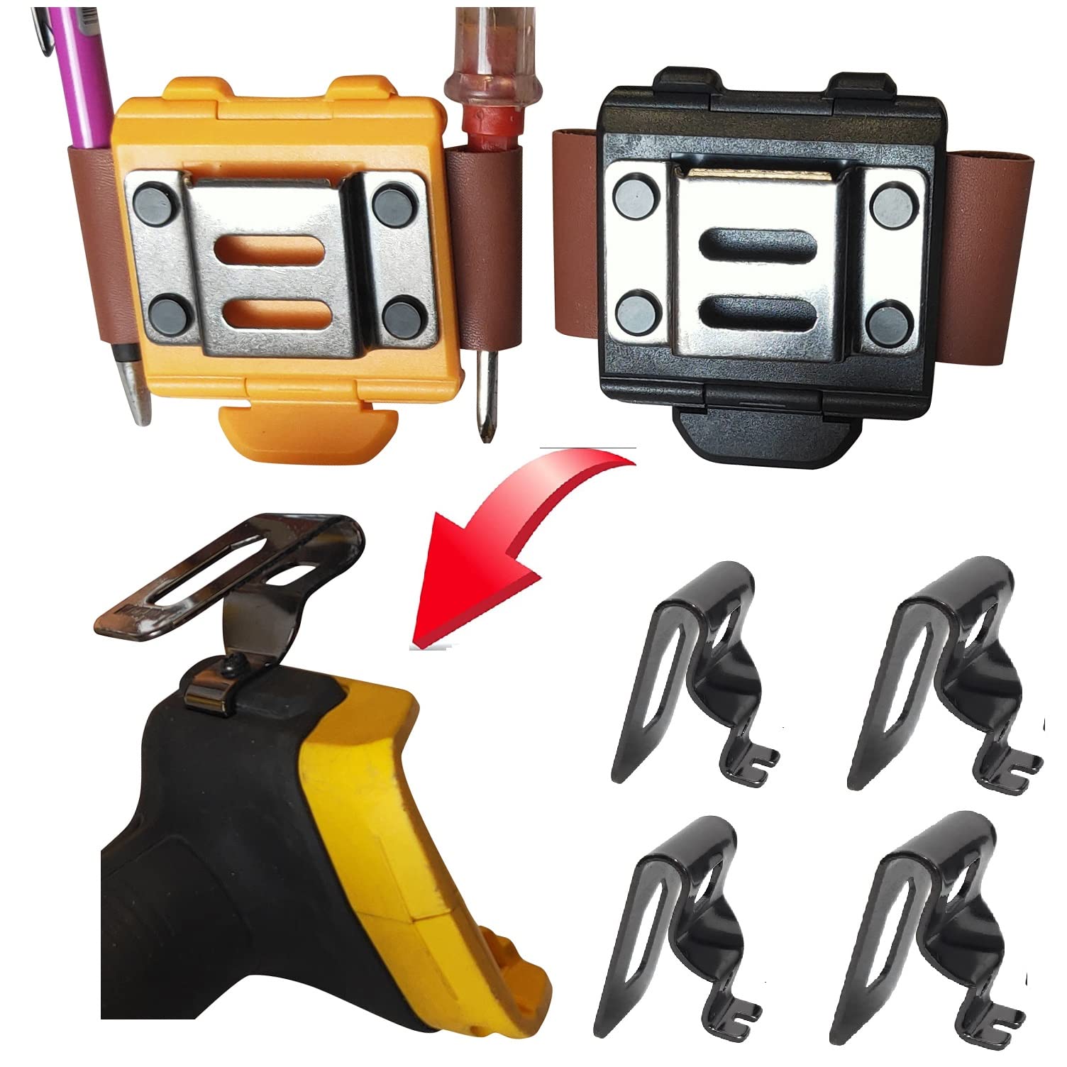 Durable Tape Measure Holster with 4 Drill Clip - Heavy Duty Tape Measure Holder Belt for Carpenters & Contractors - Secure Drill Holster Belt Clip with Tool Belt Hook - Hands-Free Tool Access for Construction, DIY & Home Improvement Projects