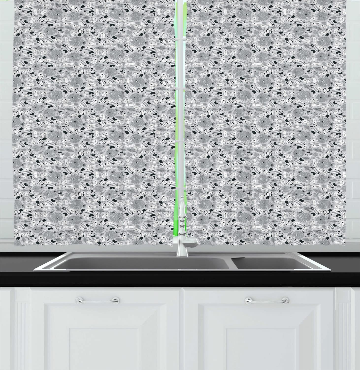 Ambesonne Muted Colors Long Kitchen Curtains - Sea Fish Ocean Bubbles Grey Cartoon Design, 2 Panel Rod Pocket Drapes for Windows, 55x45 Inches, Pearl & Pale Grey - Perfect for Coastal, Beach, or Nautical Themed Home Decor