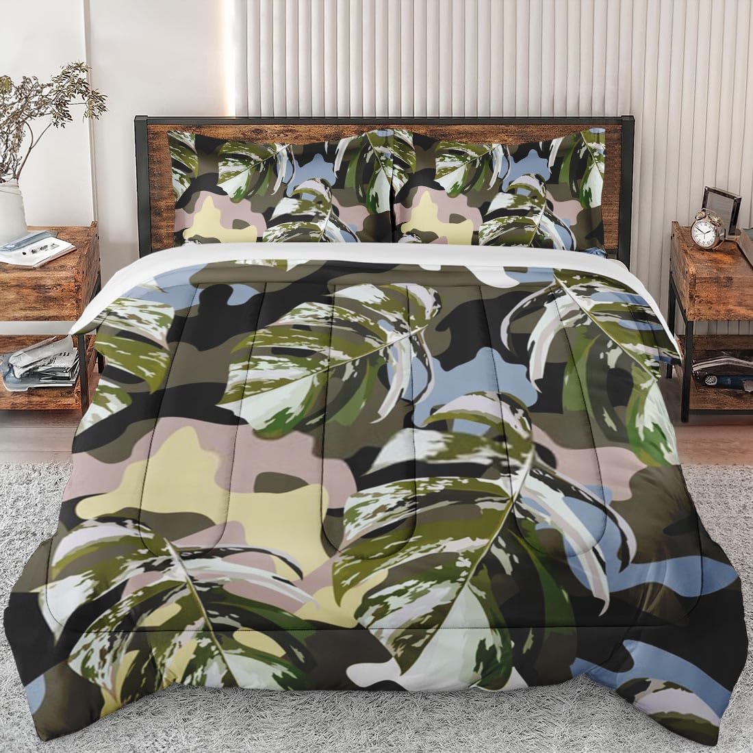 Full Size Camo Tropical Marble Leaves Comforter Set - Soft Floral Camouflage Bedding with 2 Pillowcases for Kids & Adults - Perfect for Bedroom Decor & Cozy Sleep