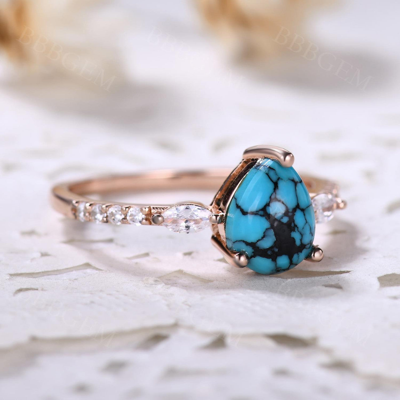 Turquoise Rose Gold Engagement Ring - Art Deco Vintage Promise Ring for Women, Gift for Her, Anniversary, Valentine's Day, Proposal, Wedding Jewelry