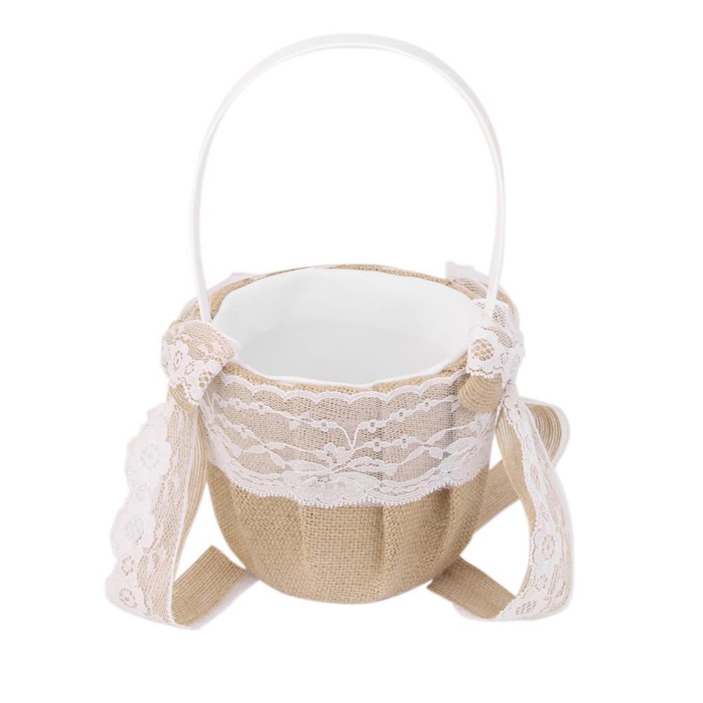Beaupretty Flower Girl Basket - Elegant Hessian Burlap Wedding Basket with Lace Bowknots, Western Style Flower Girl Decor for Weddings, Parties & Special Events | Perfect as Candy Gift Bag or Bridal Shower Accessory