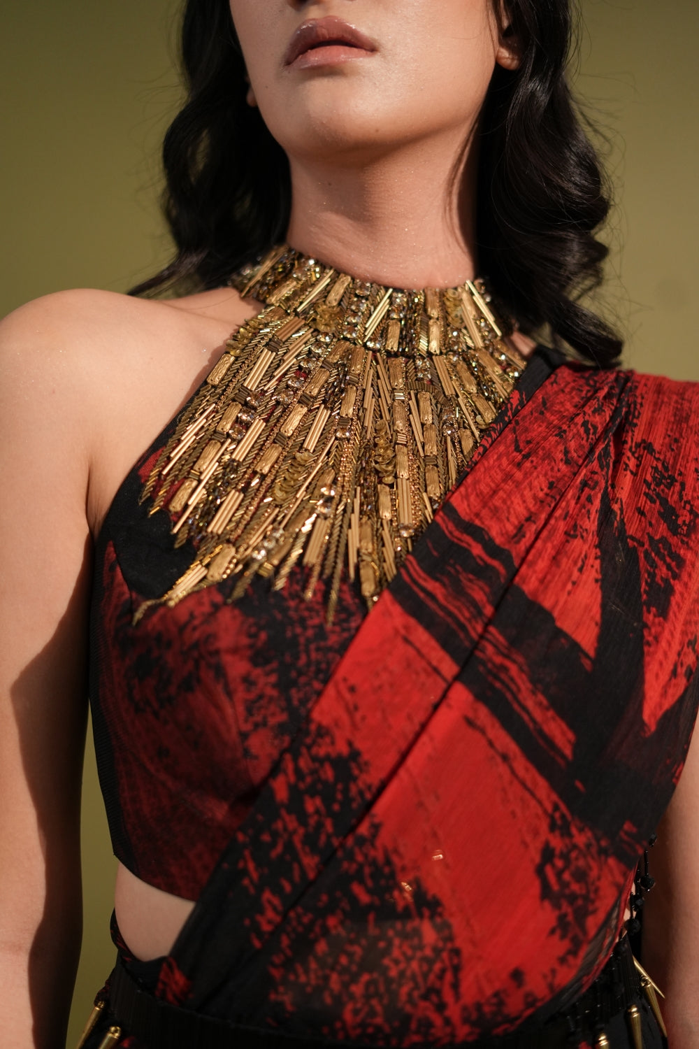 Elegant Red & Black Printed Saree Blouse Belt Set with Metallic Gold Embellishments - Perfect for Indian Weddings, Festivals & Special Occasions