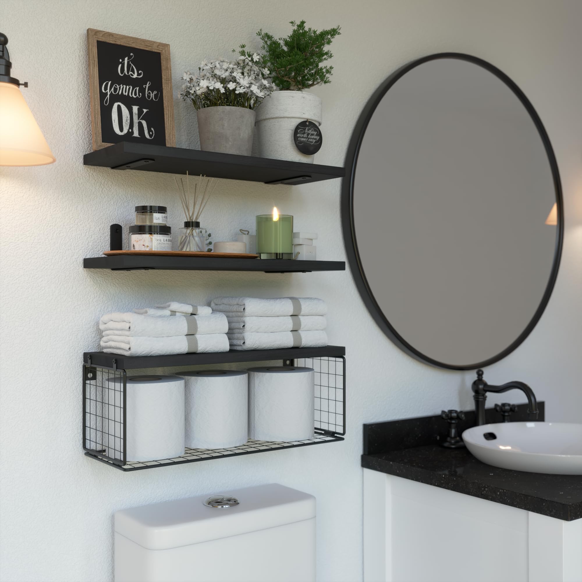 WOPITUES Over Toilet Floating Bathroom Shelf - Wall Mounted Storage Organizer with Wire Basket, Space Saving Bathroom Decor for Small Spaces (Black) - Perfect for Towel Storage, Toilet Paper Holder & Bathroom Organization