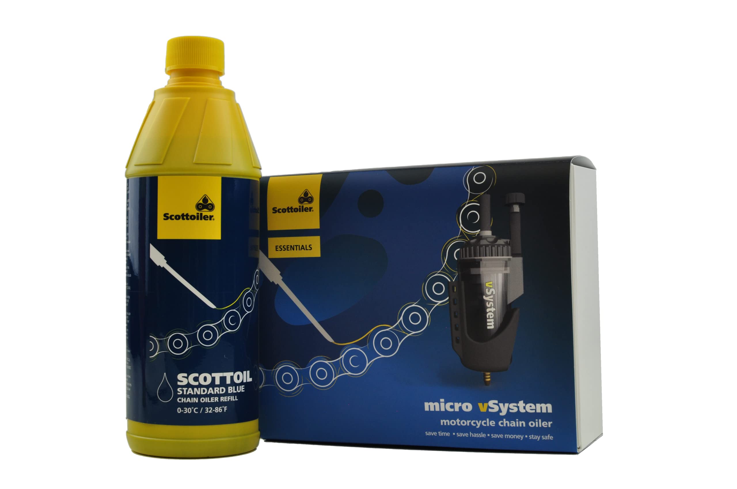 Scottoiler Essentials Micro-vSystem Automatic Motorcycle Chain Oiler Kit with Blue Scottoil Refill - Perfect for Long Rides & Off-Road Adventures