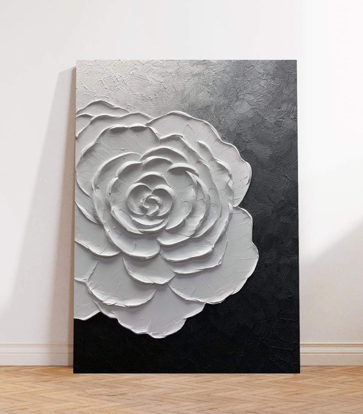 Hand-Painted 24x36 Inch Modern Abstract Oil Painting - Black White Grey 3D Texture Wall Art for Living Room, Bedroom & Office Decor | Moshinart Minimalist Floral Canvas Artwork