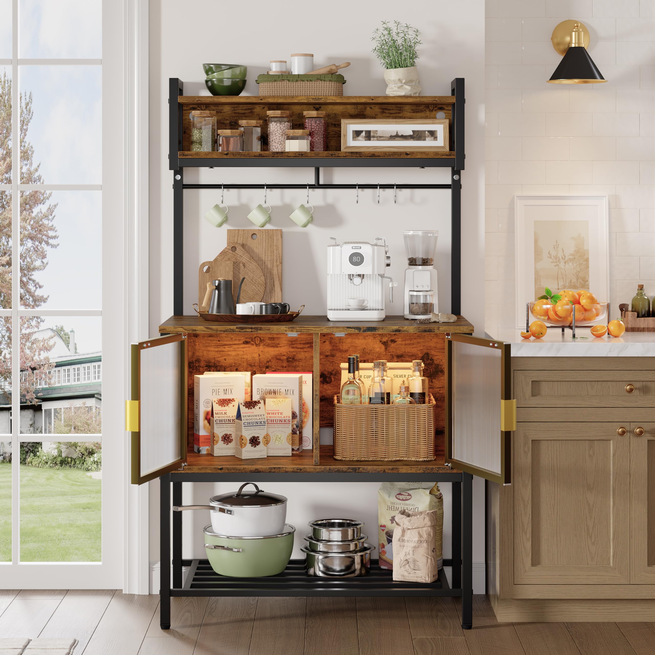 Bestier 5-Tier Coffee Bar with Storage & LED Lights - Rustic Brown Kitchen Bakers Rack with Cabinet, Heavy Duty Microwave Stand - Perfect for Kitchen, Garage, Pantry Organization & Coffee Station Setup