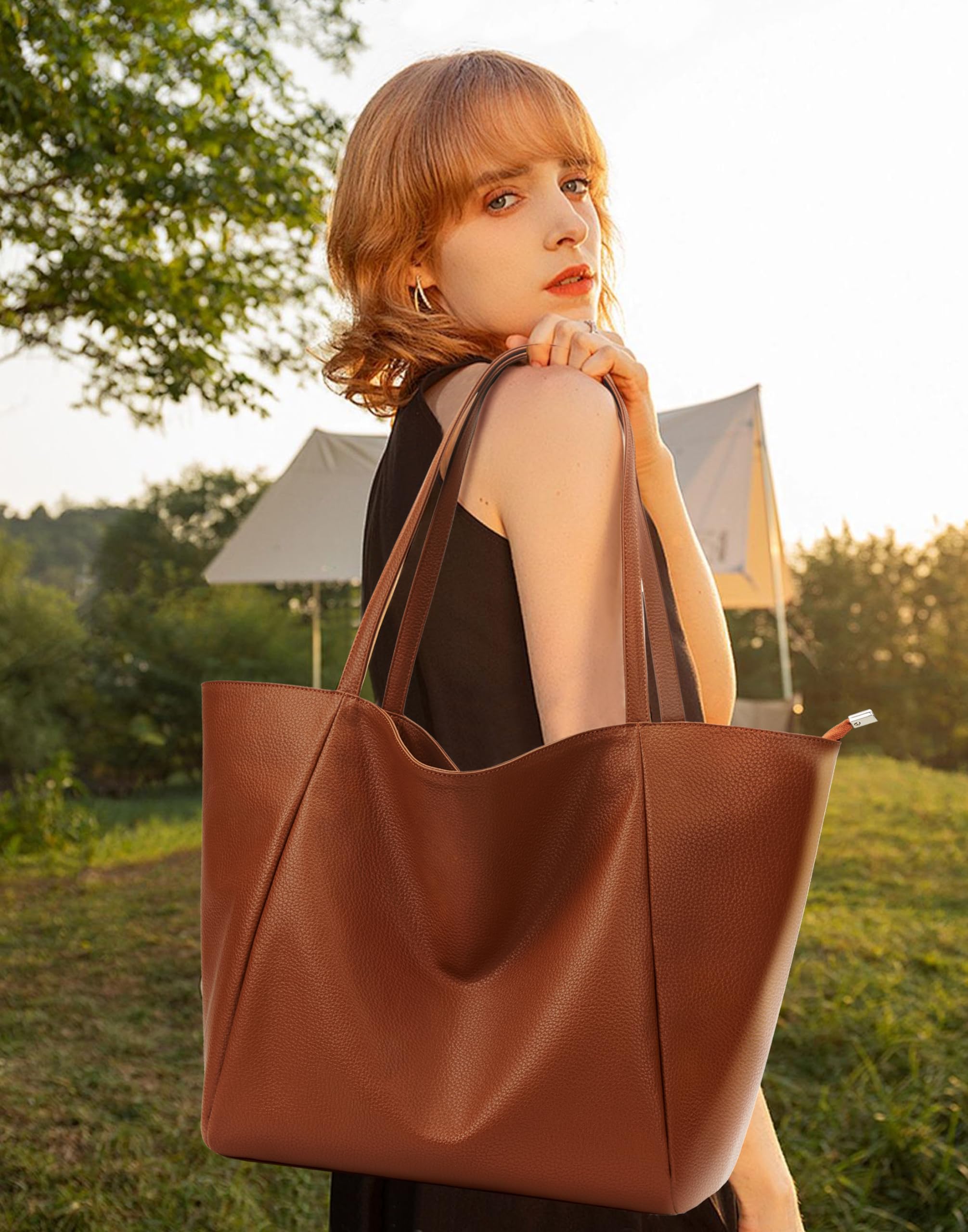 Vegan Leather Large Tote Bag for Women - 23L Oversized Work Bag with Zipper, Casual Weekender & Travel Shoulder Purse - Perfect for Office, Commuting, Weekend Getaways and Daily Essentials