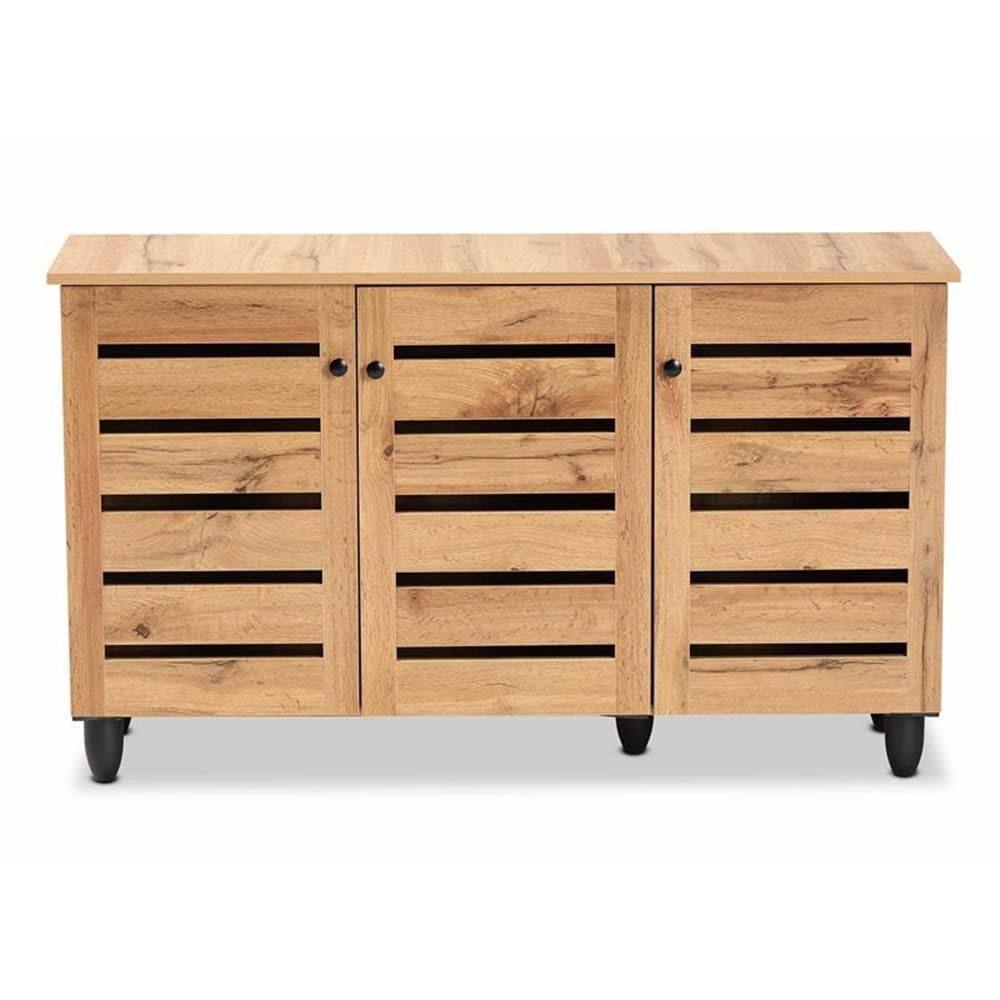Baxton Studio Gisela Modern 3-Door Shoe Cabinet - Solid Oak Wood Storage Organizer with Brown Finish for Entryway, Closet & Bedroom Organization
