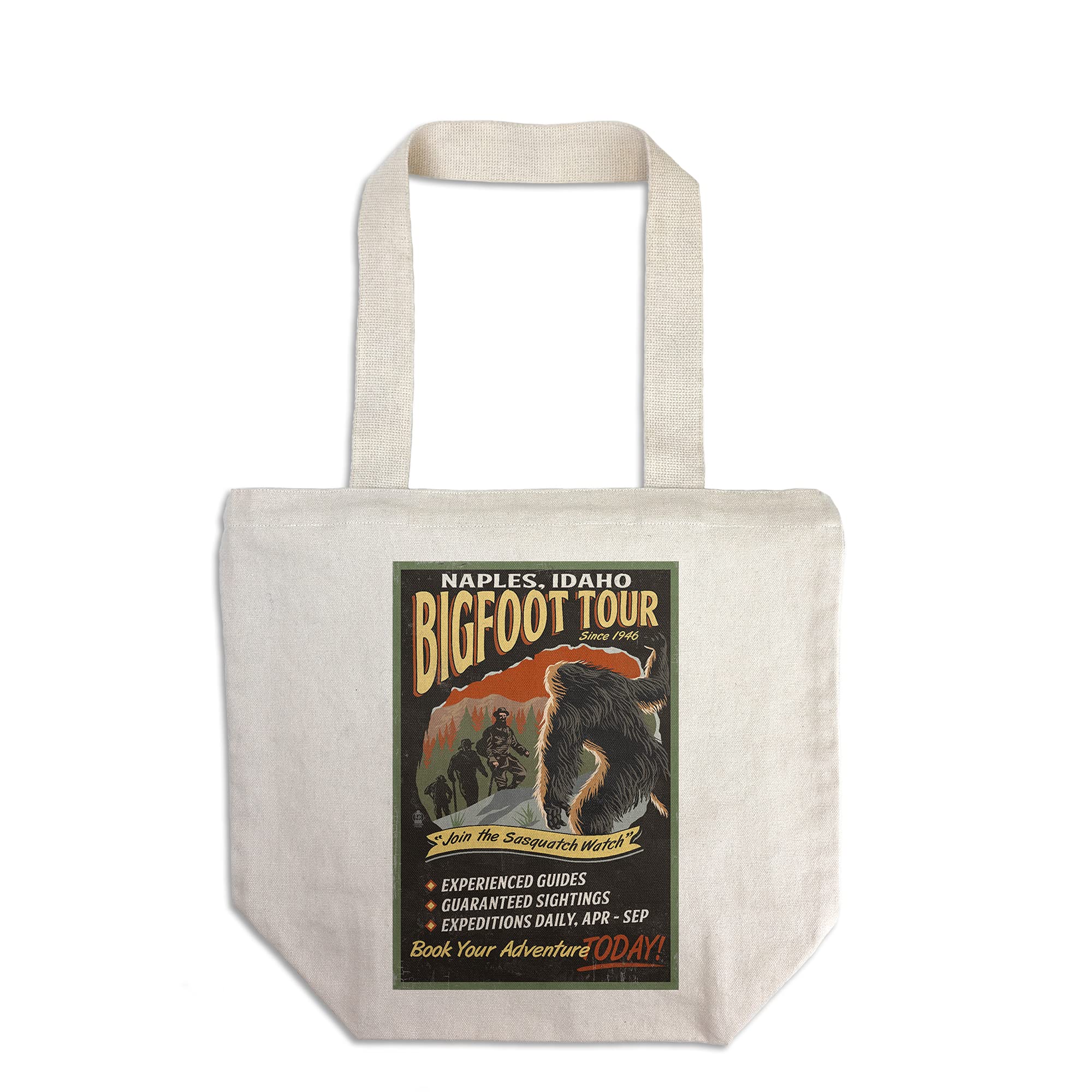 Lantern Press Naples Idaho Bigfoot Tours Tote Bag - 100% Cotton Canvas Reusable Shopping Bag for Groceries, Beach & Outdoor Adventures