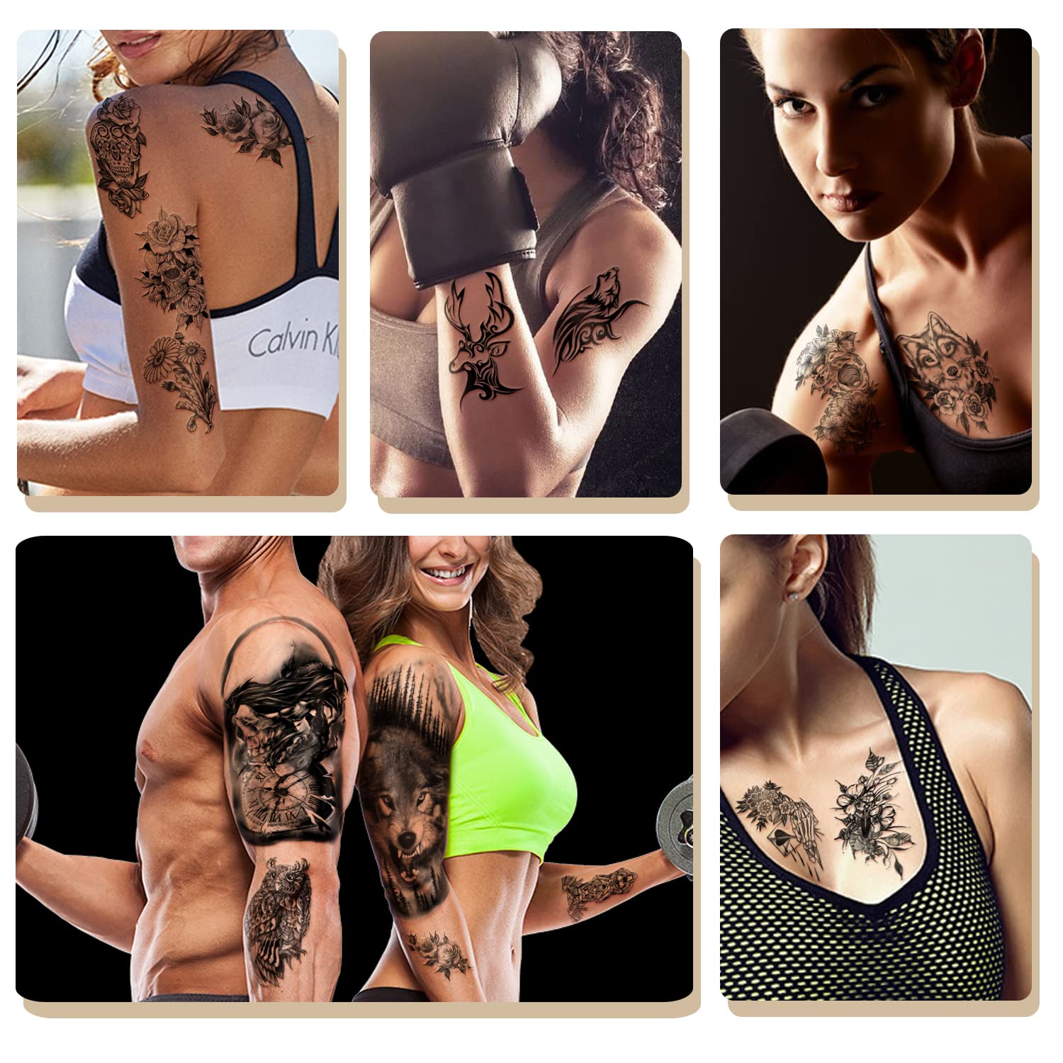 Waterproof Temporary Tattoos for Kids & Adults - 70 Sheets (10 Large Wolf/Tiger/Lion + 60 Small Flower/Snake/Bird Designs) - Fun Fake Tattoos for Parties, Halloween, Cosplay & Everyday Wear