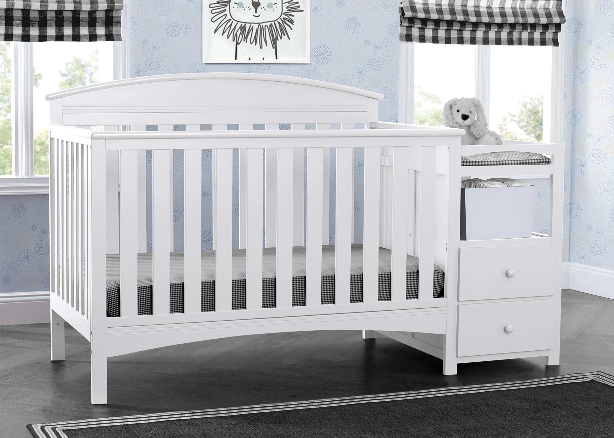 Delta Children Abby Convertible Crib and Changer - Bianca White | 3-in-1 Baby Crib with Changing Table | Nursery Furniture for Newborns & Toddlers | Perfect for Small Spaces & Modern Nurseries