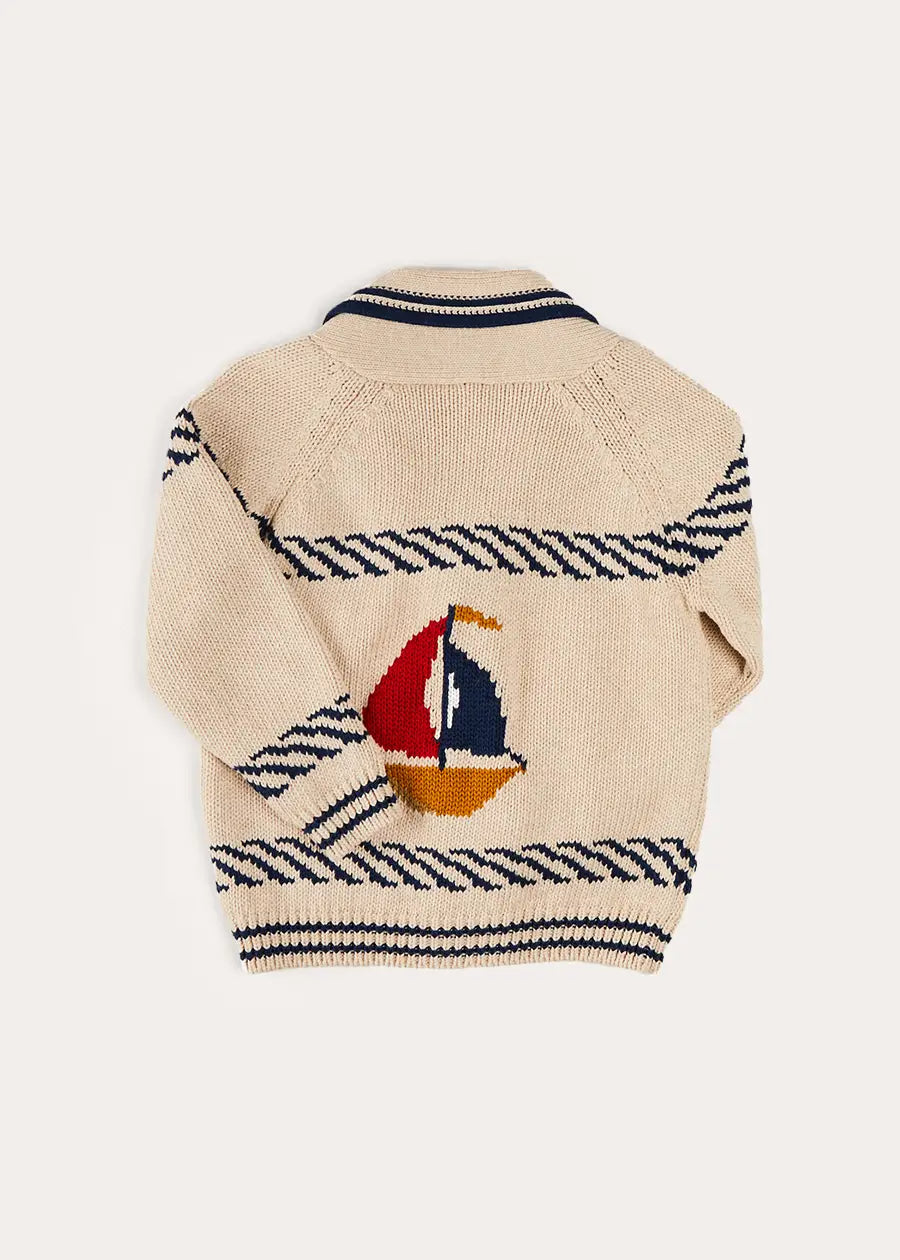 Stylish Beige Nautical Cardigan with Boat Motif Shawl Neck for Kids (Ages 2-10) - Perfect for School, Parties & Family Outings