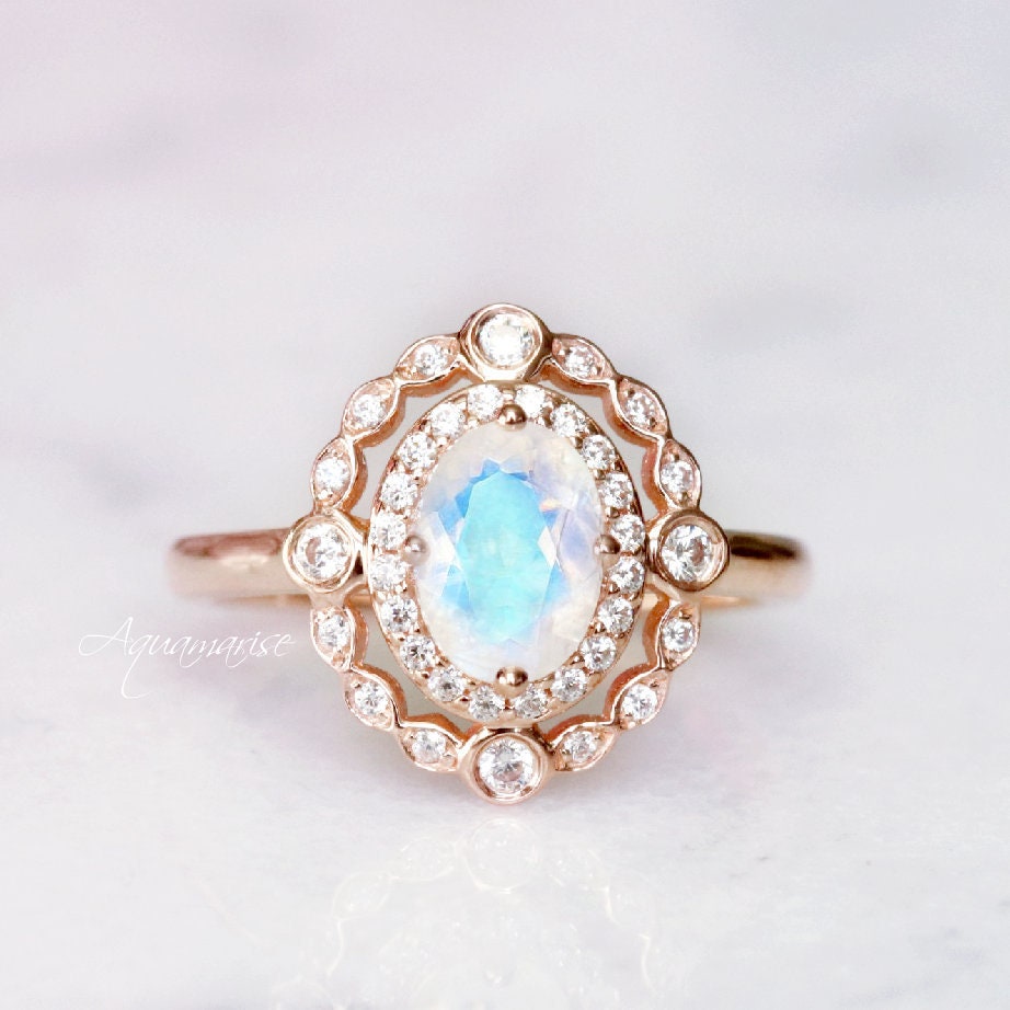 Valentina Rainbow Moonstone Engagement Ring - 10K/14K/18K Solid Rose Gold Wedding Band for Women | Perfect for Proposals, Anniversaries & Special Occasions