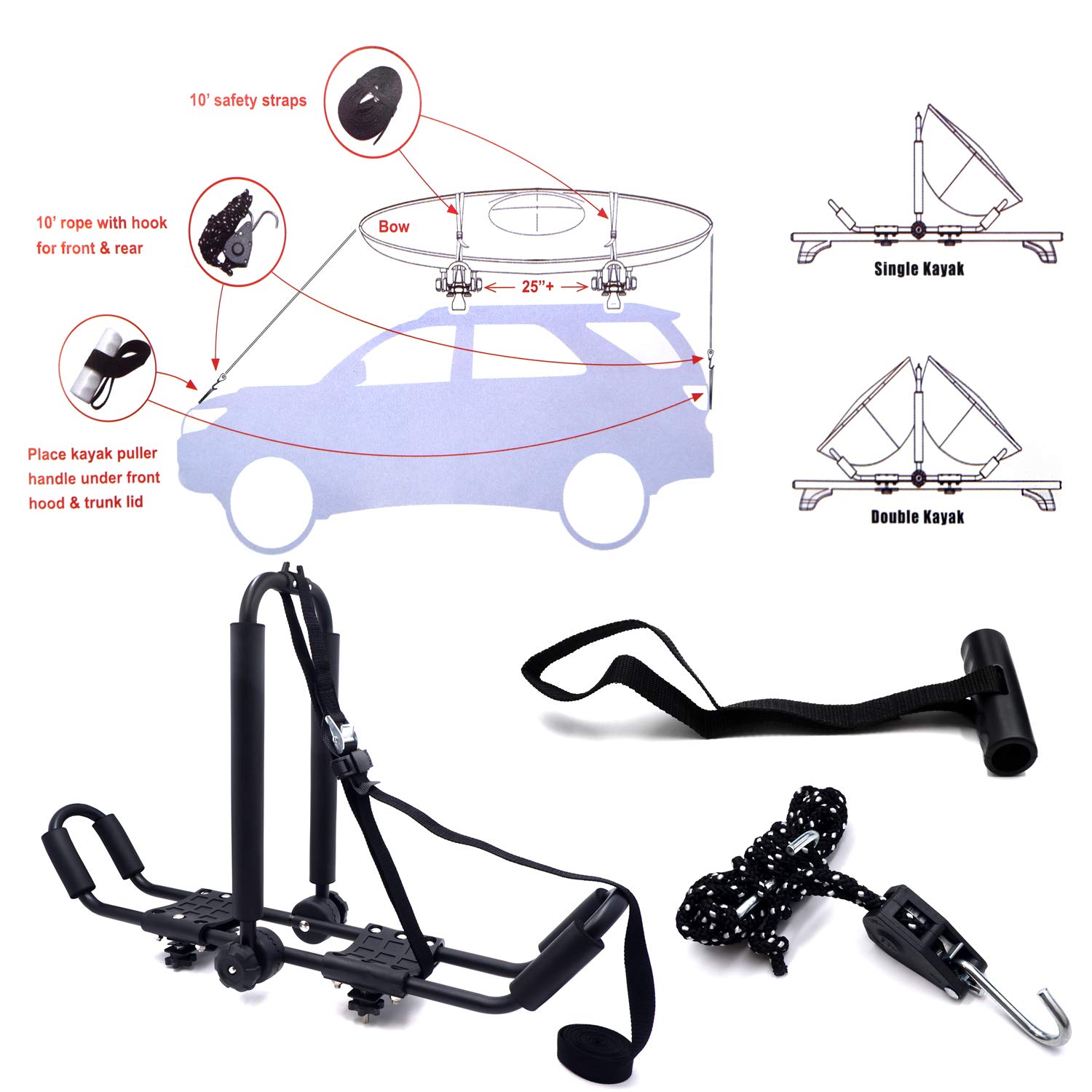 XKMT Black 3-in-1 Universal Kayak Carrier - J-Shaped Foldable Roof Rack for Car & SUV - Compatible with Canoe, SUP & Kayaks | Perfect for Outdoor Adventures, Water Sports & Travel