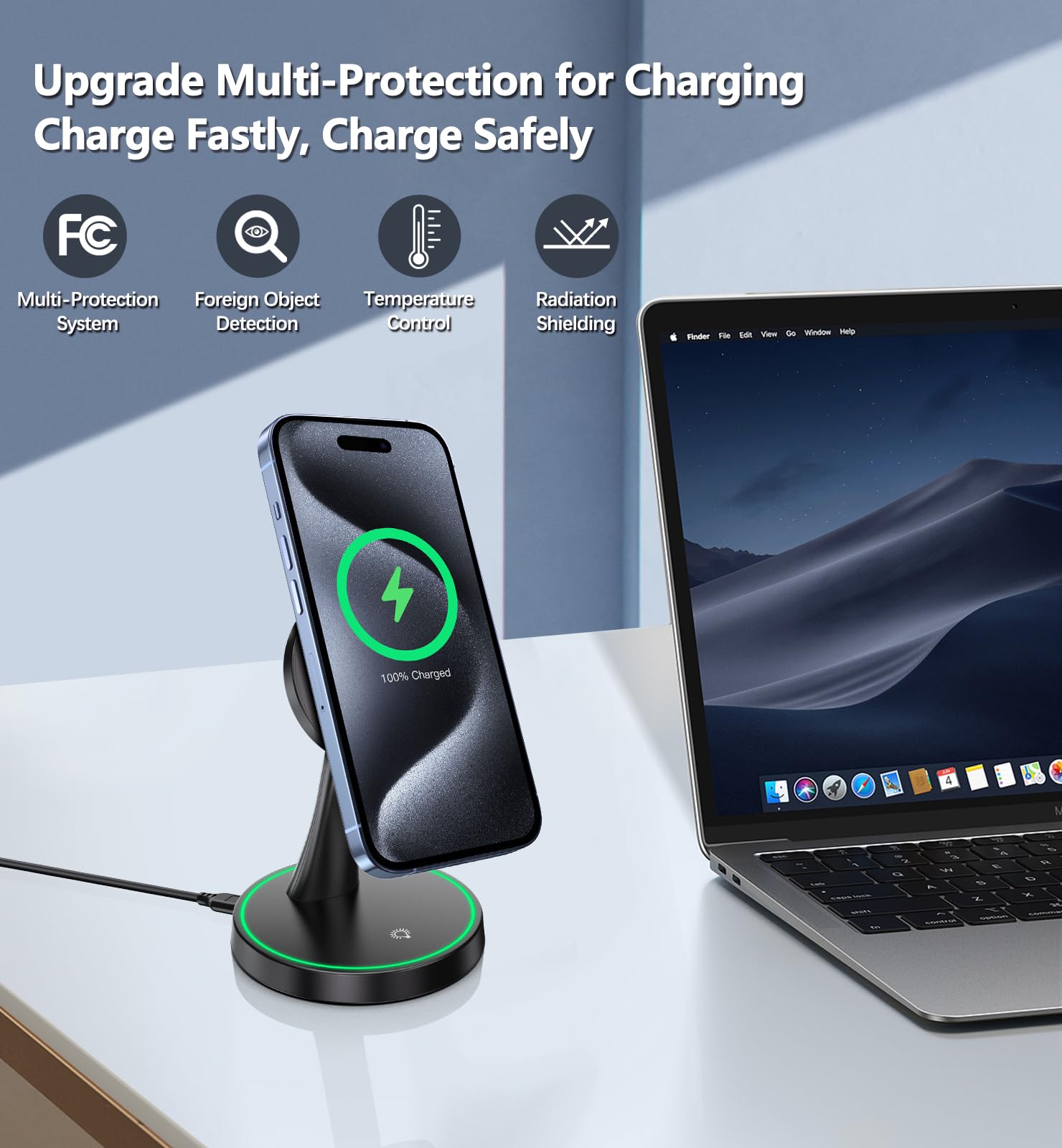 15W Fast Magnetic Wireless Charger Stand - Mag-Safe Compatible for iPhone 16/16 Pro/16 Plus/16 Pro Max/15/14/13/12 Series & AirPods - Sleep-Friendly Night Light - Perfect for Bedside, Office Desk & Travel Charging