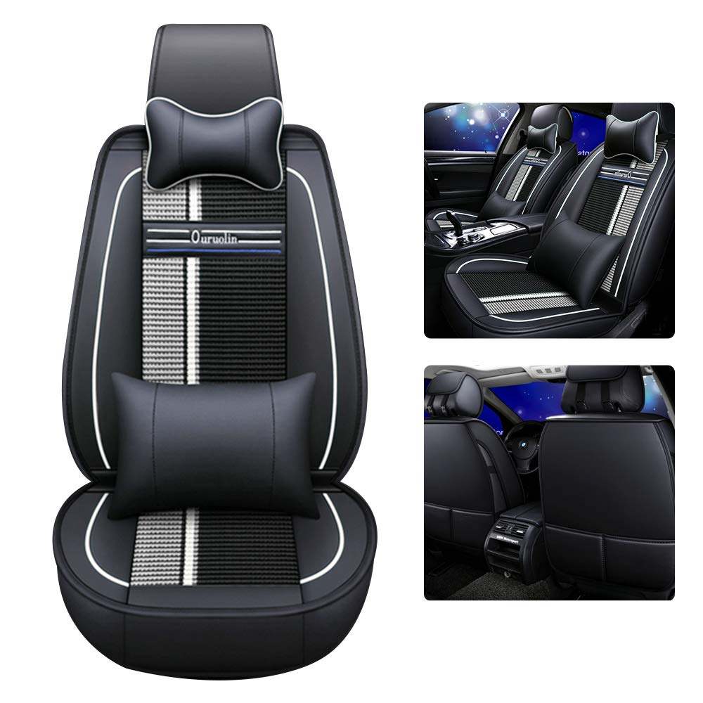 Saitake Luxury PU Leather Car Seat Cover - Waterproof Front Seat Protector for Mercedes S Class (6PCS, Black & White) | Perfect for Daily Commuting, Road Trips & Protecting Leather Seats