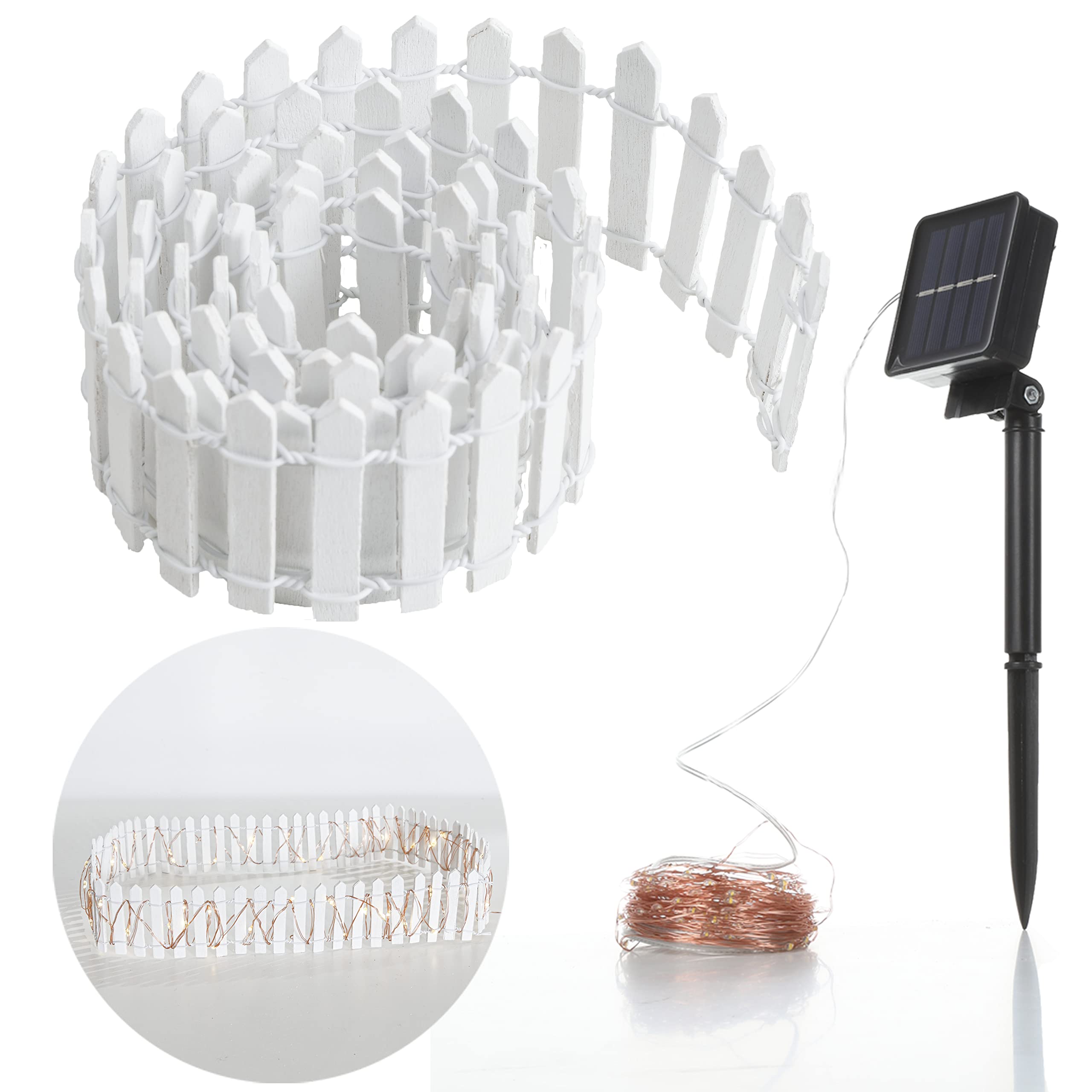 Robkea 36 Inch Mini Fence with 100 LED Solar String Lights - Waterproof Fairy Garden Fence & 40FT Outdoor Lighting with 8 Modes | Perfect for Garden Decor, Patio, Yard & Landscape Lighting (White)