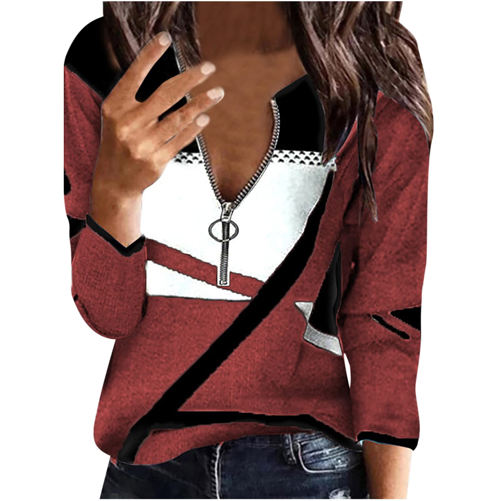 Women's Waffle Knit Shirt - Dressy Casual Half Zip V-Neck Long Sleeve Blouse - Loose Fit Tummy Control Top for Work, Date Night & Everyday Wear