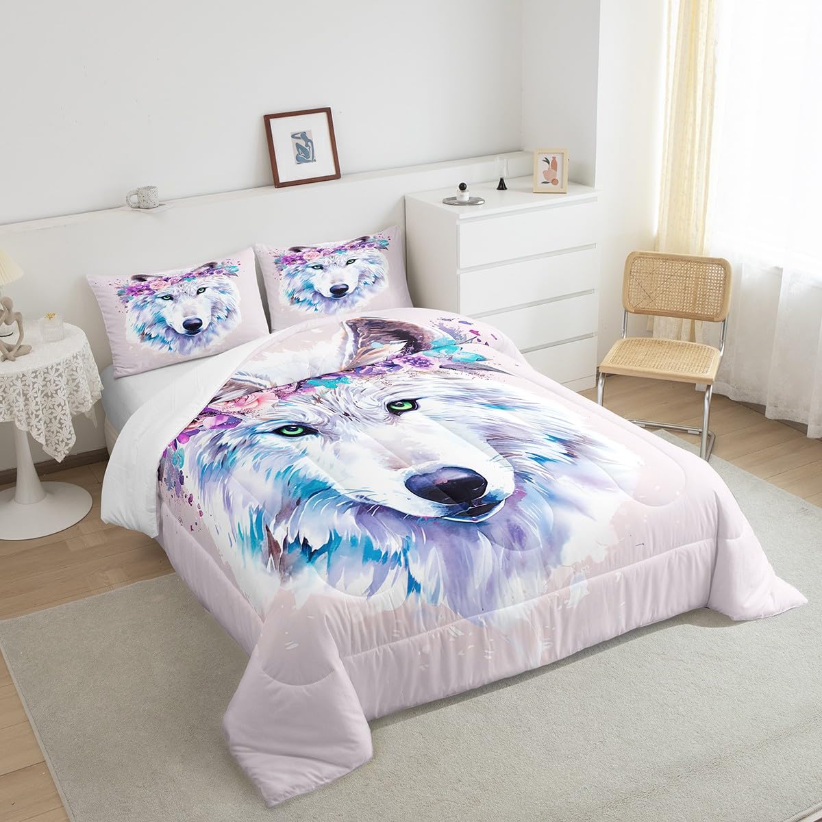 Wolf Safari Comforter Set - Queen Size Tie Dye Bedding with Pillowcases for Jungle Themed Bedroom