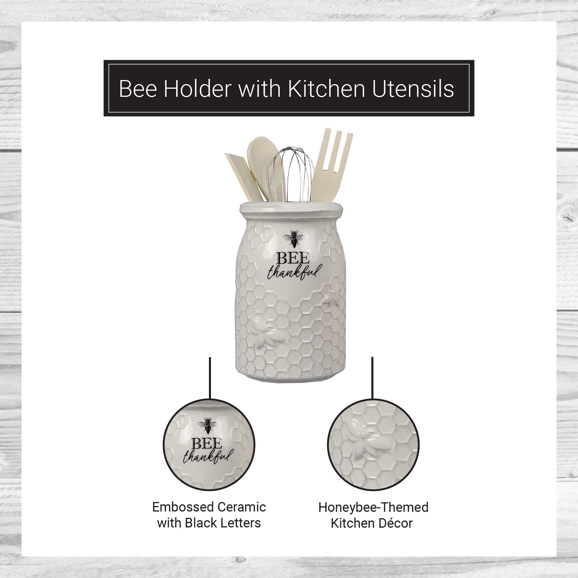 Young's Inc. Ceramic Utensil Holder for Kitchen Countertop - Large Wooden Cooking Tools Organizer with 3 Utensils - Perfect for Spoons, Spatulas & Flatware Storage - Bee Thankful Design - Ideal for Farmhouse, Modern & Rustic Kitchens