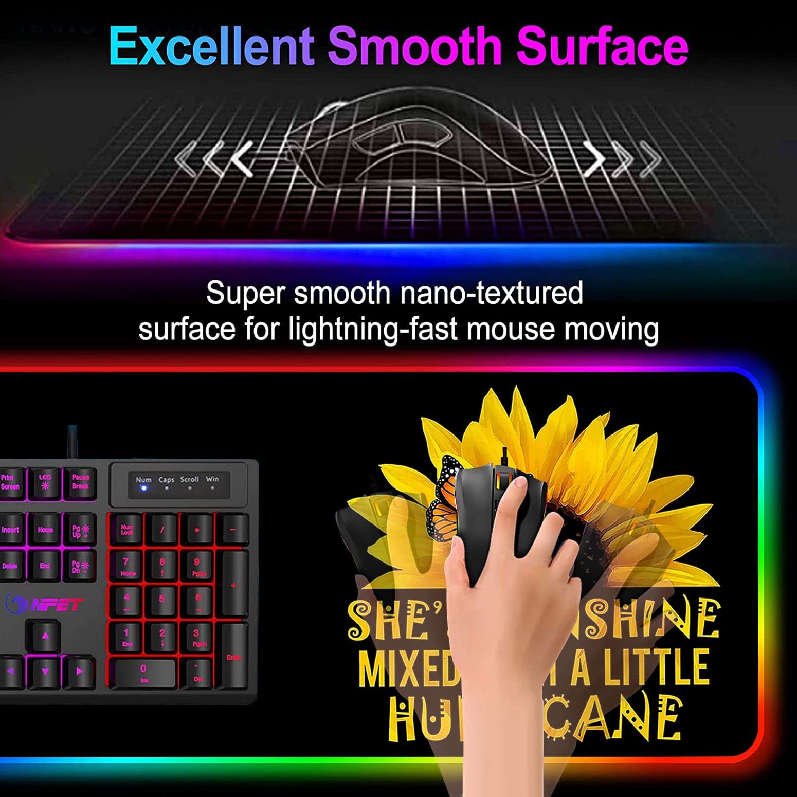 RGB Gaming Mouse Pad with LED Lights - Large Non-Slip Desk Mat for Keyboard & Mouse | Waterproof Optical Surface | Perfect for PC Gaming, Office Work & Home Decor (Sunflower & Butterfly Design)