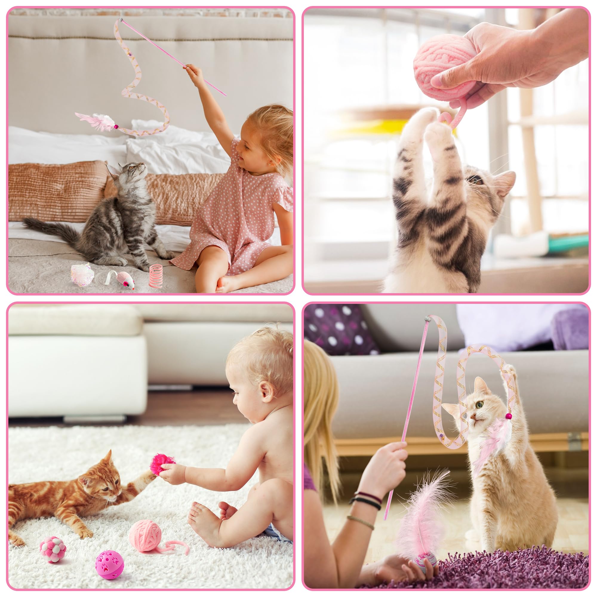 10Pcs Interactive Cat Toy Set - Feather Teaser Wand, Springs, Mice, Crinkle Balls & Bell Balls - Fun Puzzle Toys for Indoor Cats - Perfect Gift for Kitty Playtime (Pink) | Great for Boredom Relief & Exercise