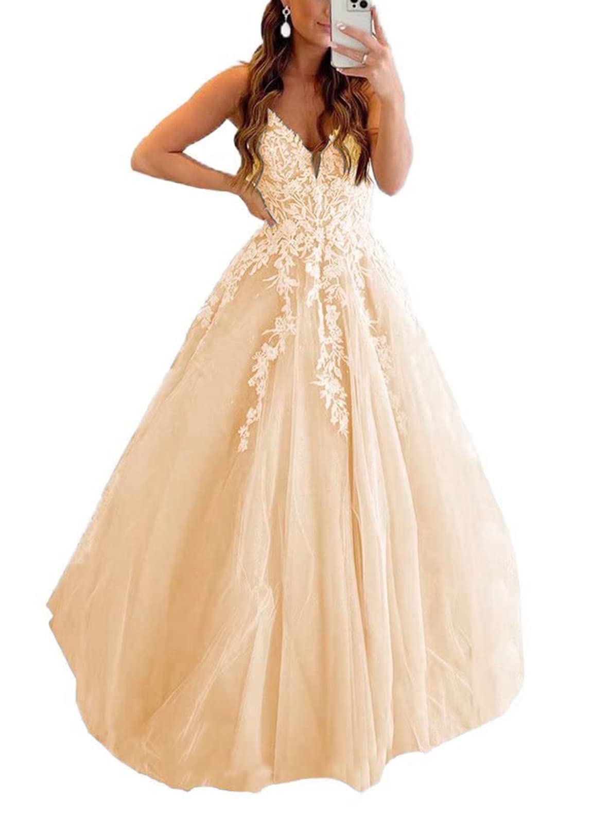 Elegant Women's Spaghetti Strap Lace Applique Prom Dress - Long Tulle Formal V-Neck Evening Gown for Homecoming, Ball & Special Occasions