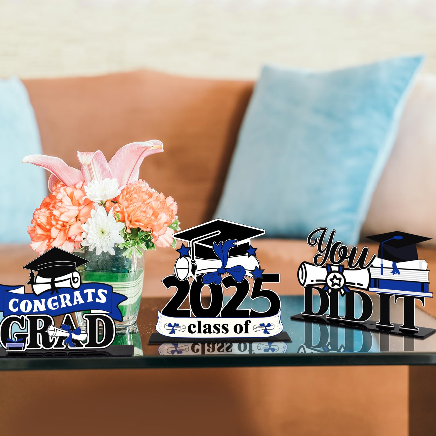 2025 Graduation Party Decorations - 3Pcs Congrats Grad Acrylic Table Centerpieces for Class of 2025, School Graduation Gift Stand Decor in Blue - Perfect for Graduation Ceremonies, Parties & Photo Backdrops