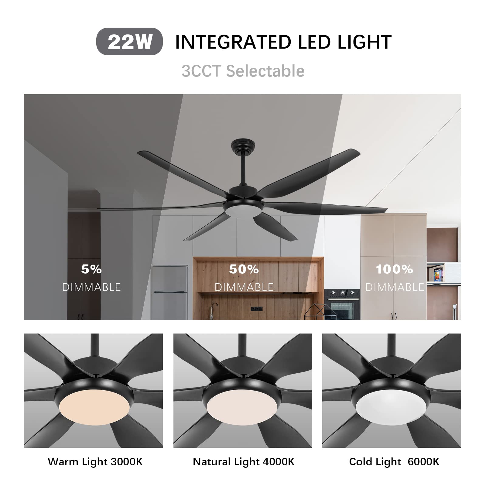 65 Inch Black Ceiling Fan with Lights and Remote Control - 6 Blades, Reversible, 6-Speed Quiet DC Motor - Indoor/Outdoor Use for Bedroom, Patio, Farmhouse, Living Room, and Office
