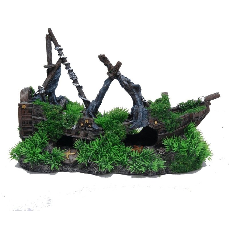Aquatopia Artificial Moss Shipwreck Decor - 30 x 15 x 21 cm Underwater Aquarium Ornament for Fish Tanks, Terrariums & Home Decor
