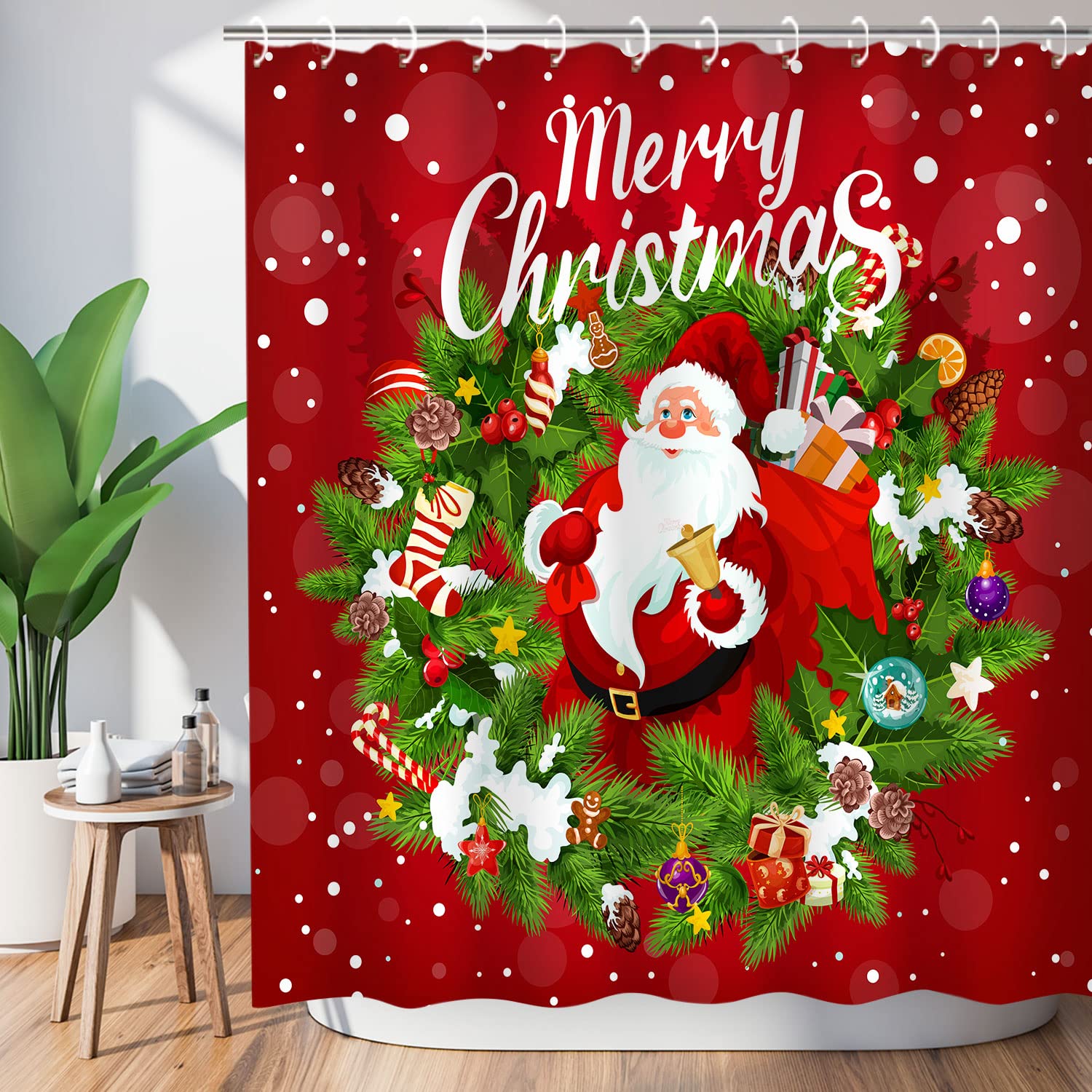 LIVILAN Christmas Santa Claus Shower Curtain - 72x72 Inch Holiday Bathroom Decor with 12 Hooks, Festive Red Xmas Design for Winter Merry Decorations - Perfect for Bathroom, Guest Room & Holiday Party Decor