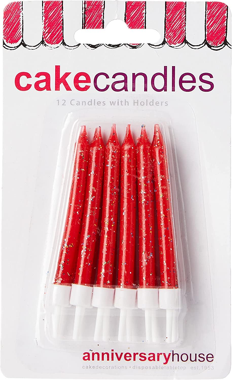 12 Pack Red Glitter Birthday Candles with Holders - 7.5cm Tall Cake Decorations for Birthday Parties, Weddings & Special Celebrations - AHC152