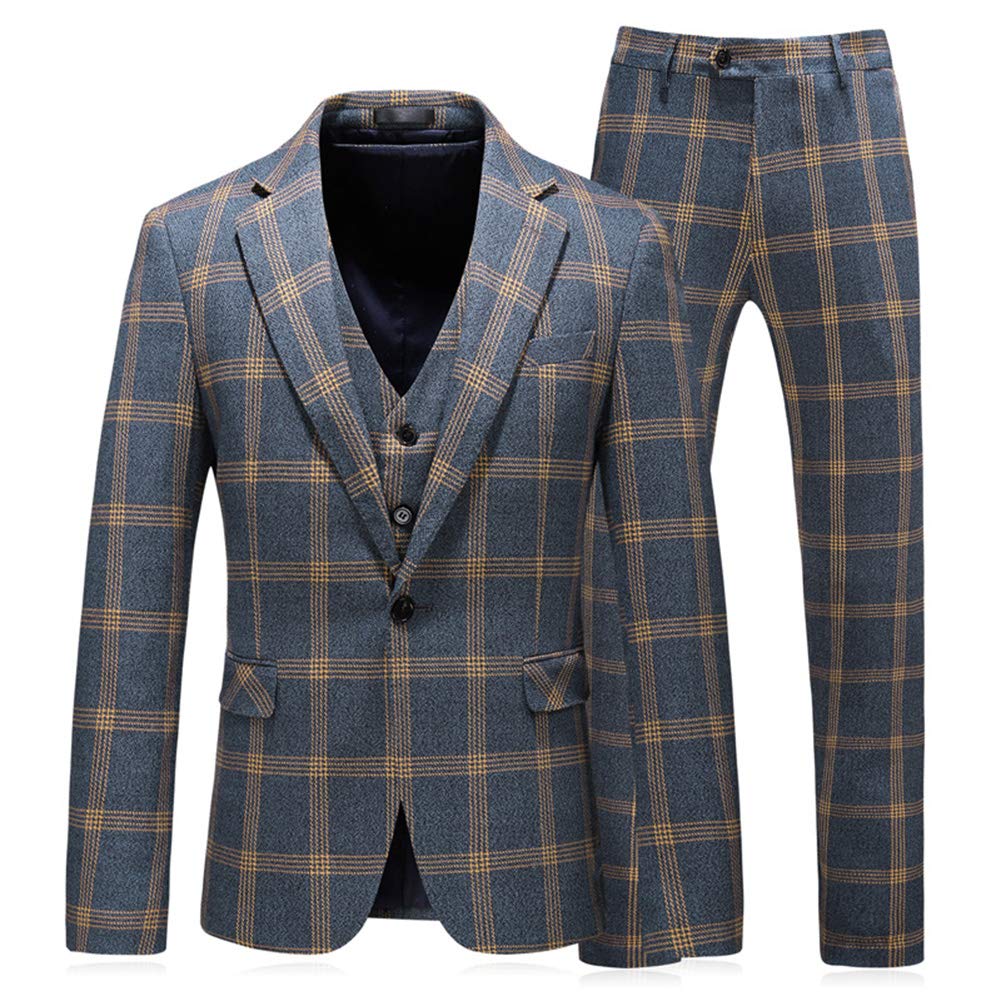 Mens Slim Fit Plaid 3 Piece Suit Set - Windowpane Pattern Formal Tuxedo for Prom, Wedding & Business Events | Perfect for Parties, Office Meetings & Special Occasions