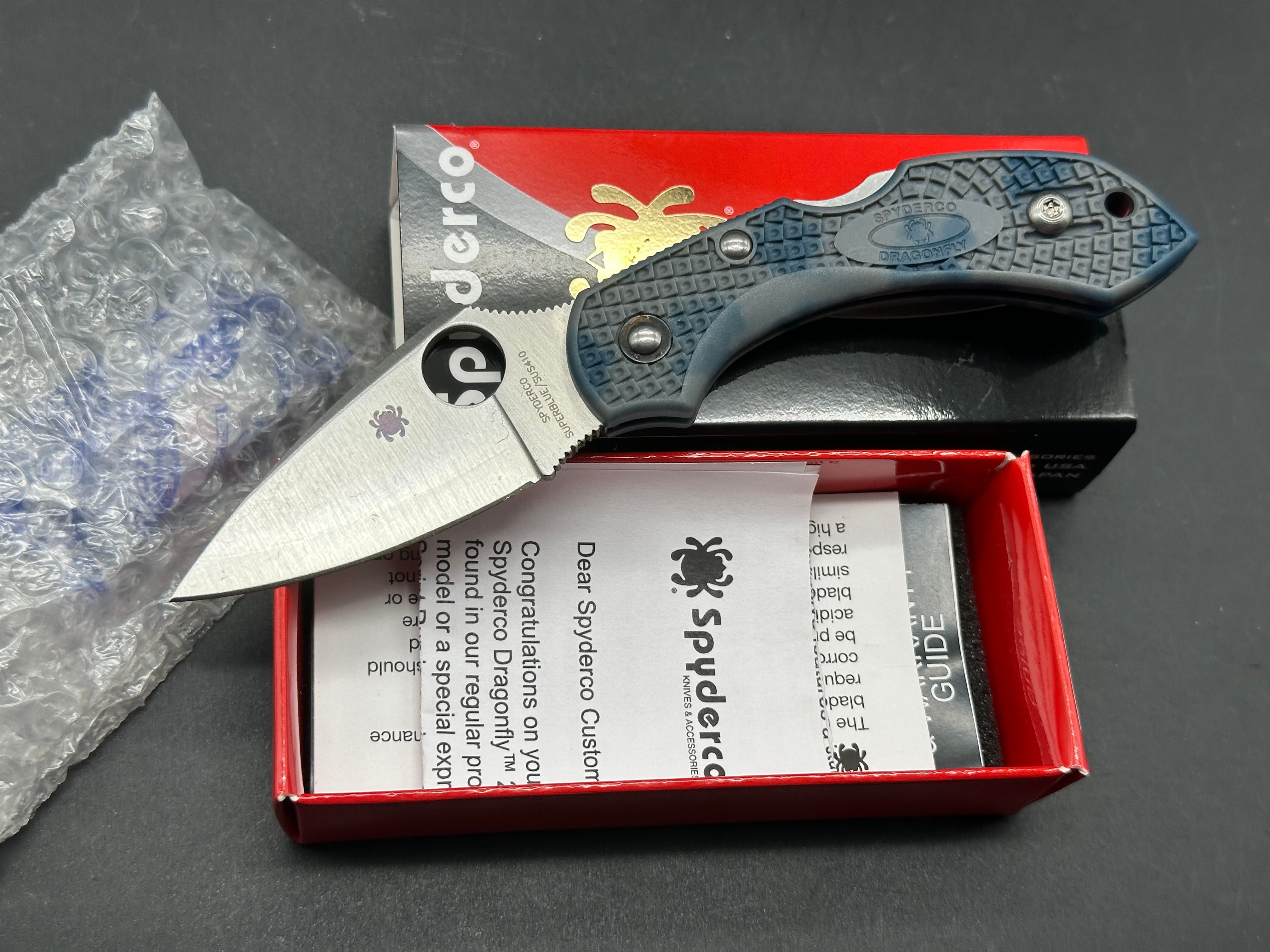 Spyderco Dragonfly Folding Knife - Zome Blue/Gray FRN Handle, Satin Superblue Steel Blade - New in Box - Perfect for EDC, Camping & Outdoor Activities