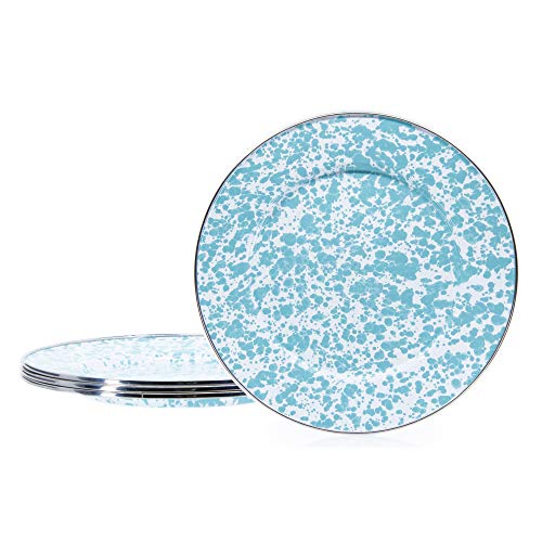 10.5 Inch Sea Glass Swirl Enamelware Dinner Plates Set of 4 - Durable & Stylish for Beach Themed Dining, Outdoor Picnics & Rustic Home Decor