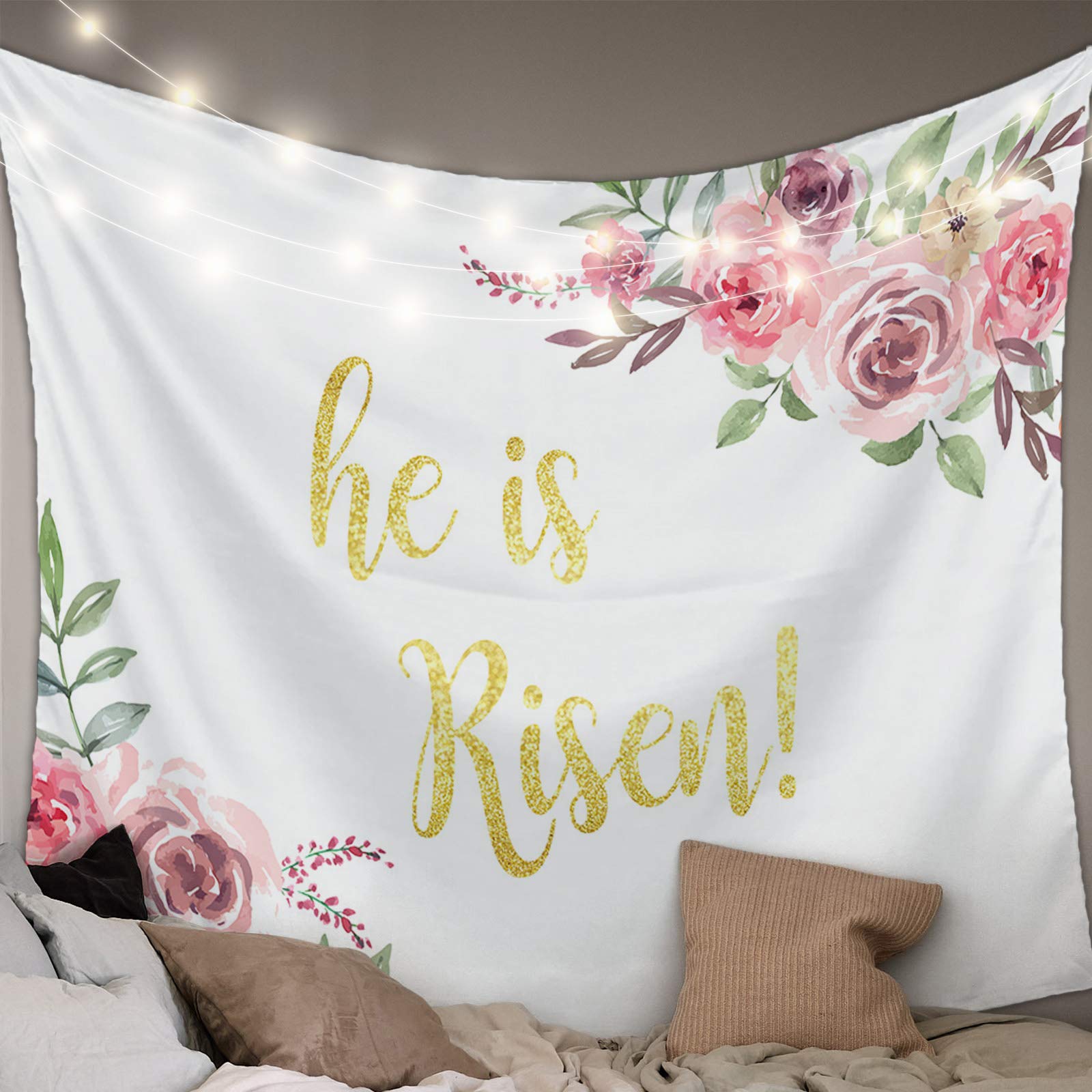 Easter Floral Wall Tapestry - Spring Fresh Flowers 'He is Risen' Design - 39x59 Inch Home Decor for Living Room, Bedroom - Beach Throw Blanket & Wall Hanging Art (Perfect for Easter Decorations, Spring Home Refresh, and Coastal Bedroom Accents)
