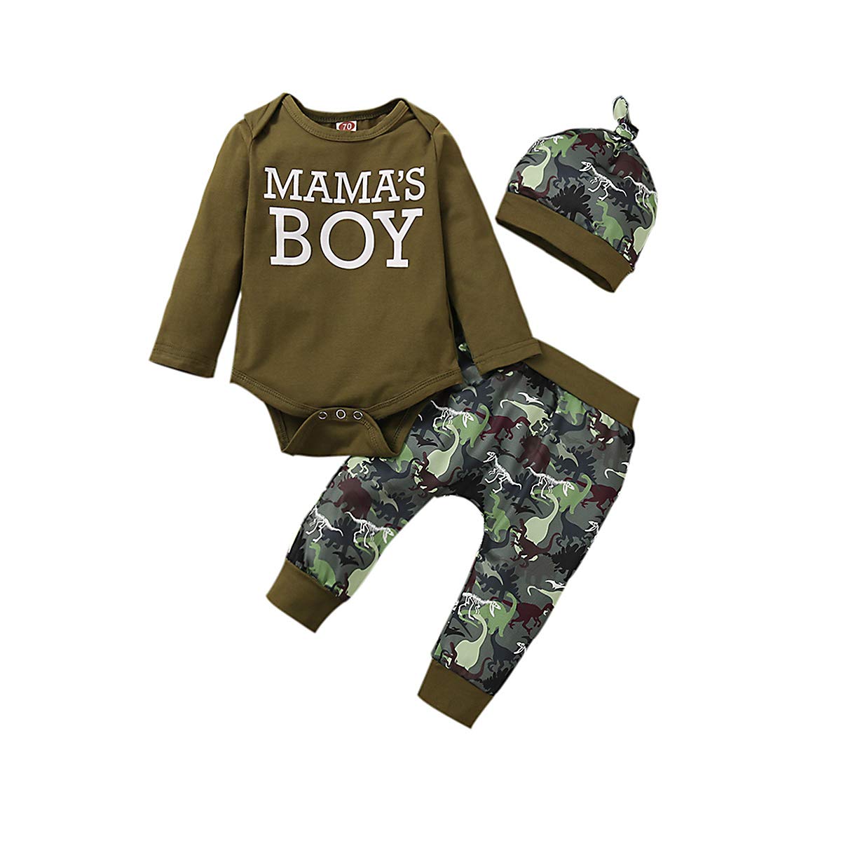 Newborn Baby Boy Clothes Set - Letter Print Jumpsuit Top + Camouflage Dinosaur Pants + Hat, 3-Piece Fall Outfit for Photo Shoots & Family Gatherings