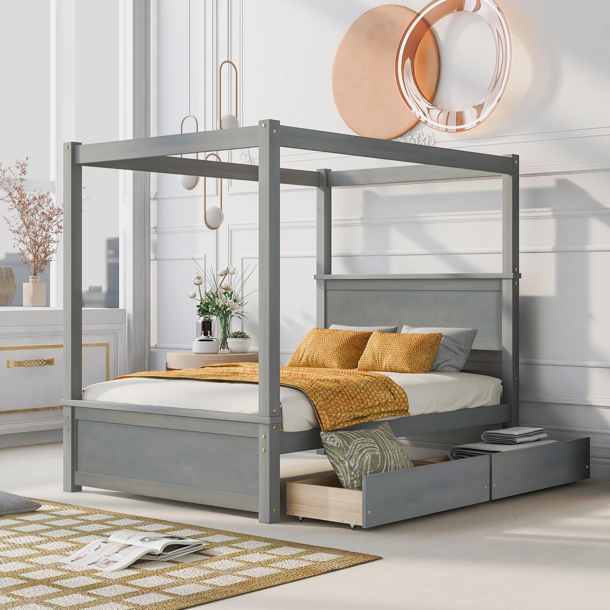 LZ LEISURE ZONE Full Size Wood Canopy Platform Bed with 2 Storage Drawers & Support Slats - Brushed Gray Finish - Perfect for Bedroom, Guest Room & Small Space Living