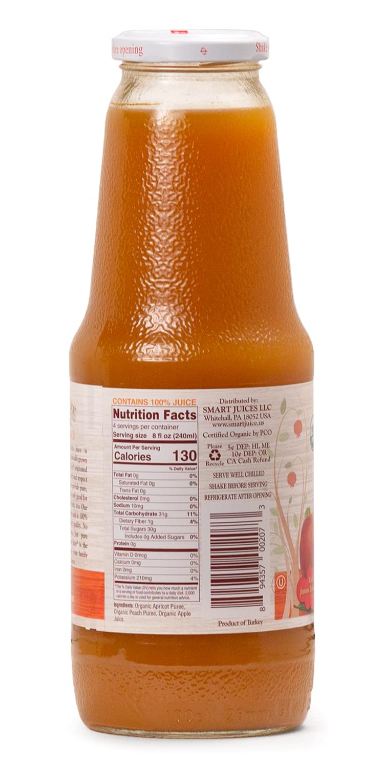 Organic Apricot Peach Juice - 100% Natural Smart Juice, 33.8 fl oz (1L) Bottle, Pack of 6 - Perfect for Healthy Breakfast, Kids Lunchbox & Refreshing Summer Drinks