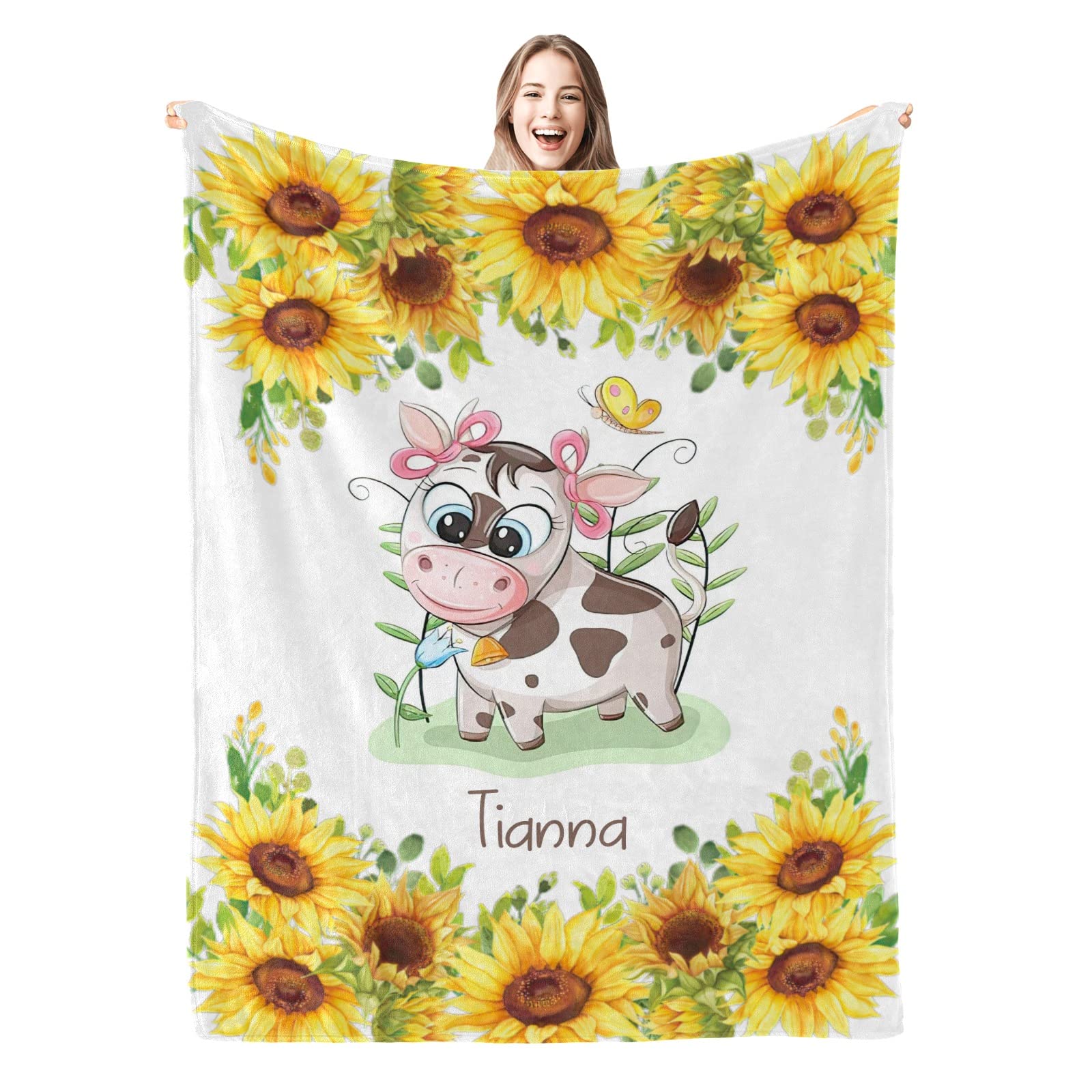 Custom Personalized Sunflower Cow Baby Blanket with Name - 30