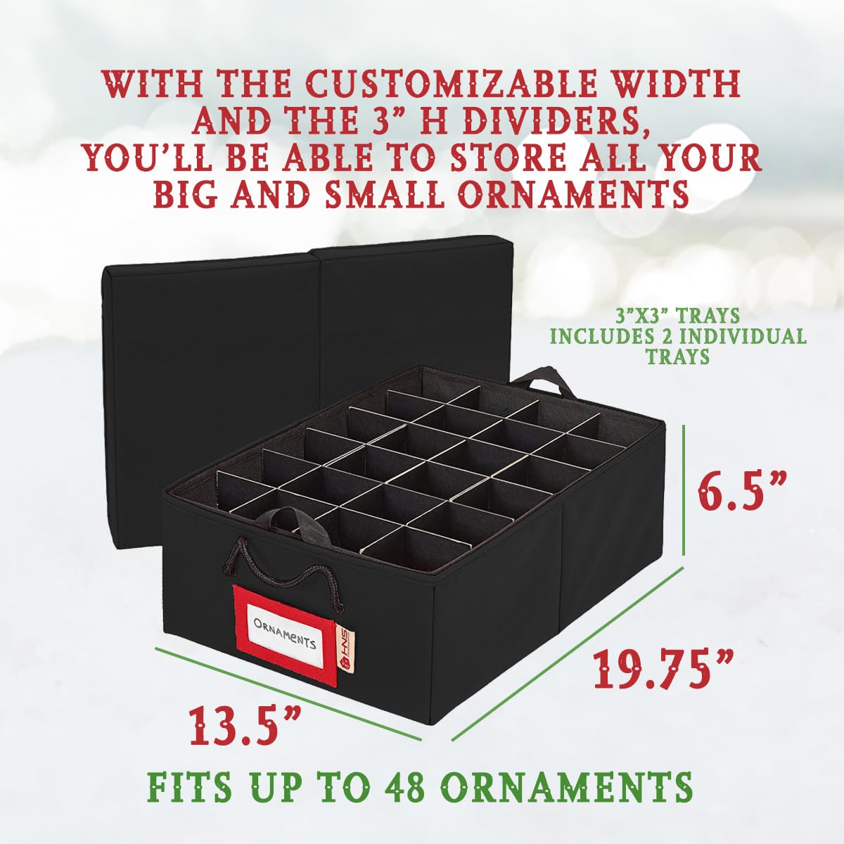 Christmas Ornament Storage Box with Dividers & 2 Removable Trays - Holds 48 Ornaments (3 inch) - Durable Black Container for Holiday Decor Organization - Perfect for Xmas Tree Decorations & Seasonal Storage